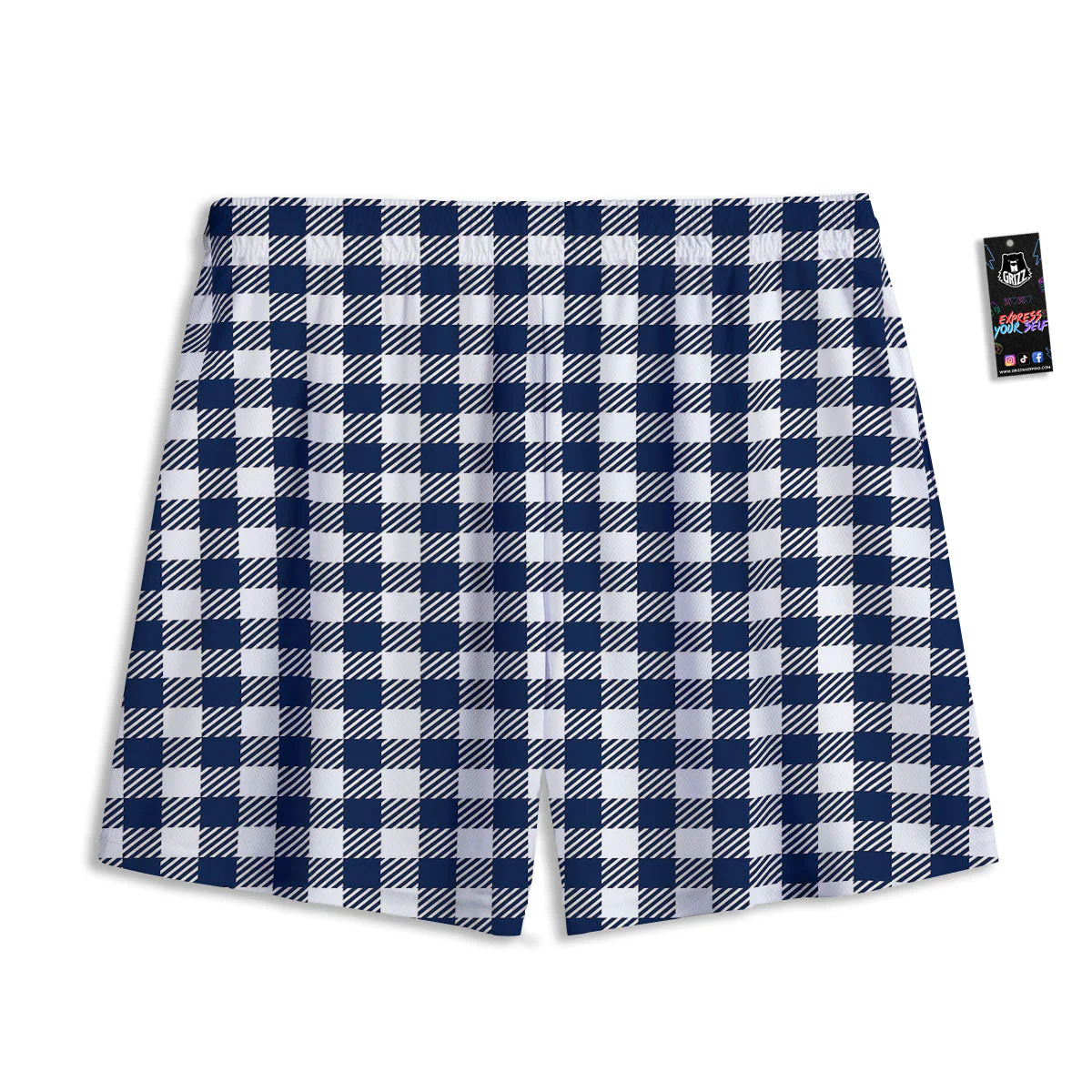 Gingham White And Navy Print Pattern Mesh Shorts - Image 2