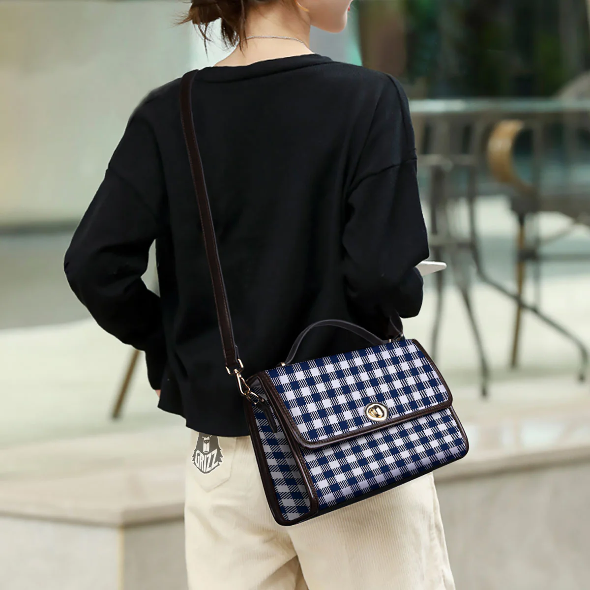 Gingham White And Navy Print Pattern Women's Satchel Bag - Image 3