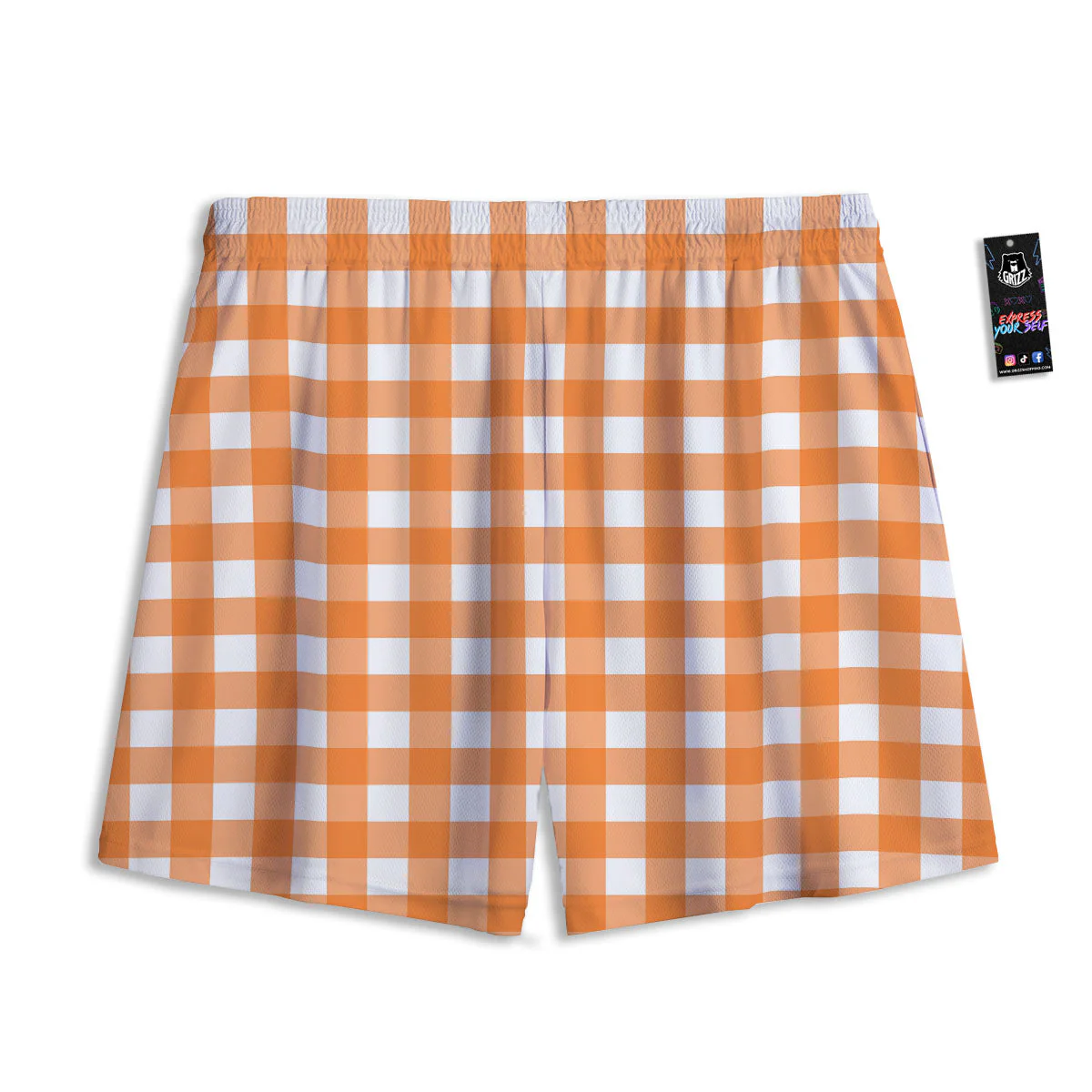 Gingham White And Orange Print Pattern Mesh Shorts - Image 2