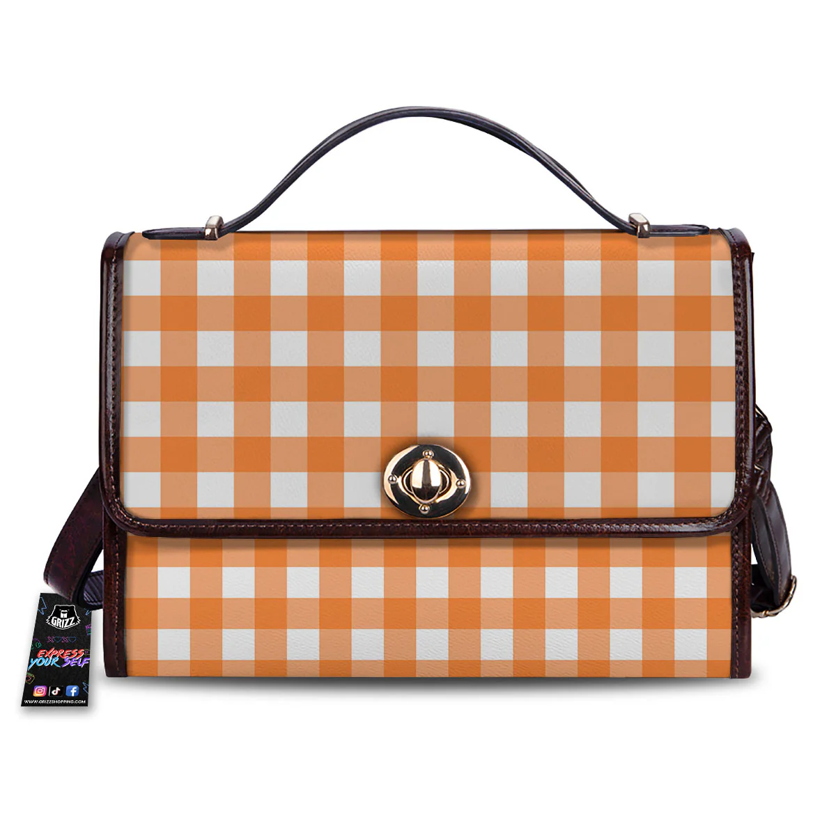 Gingham White And Orange Print Pattern Women's Satchel Bag