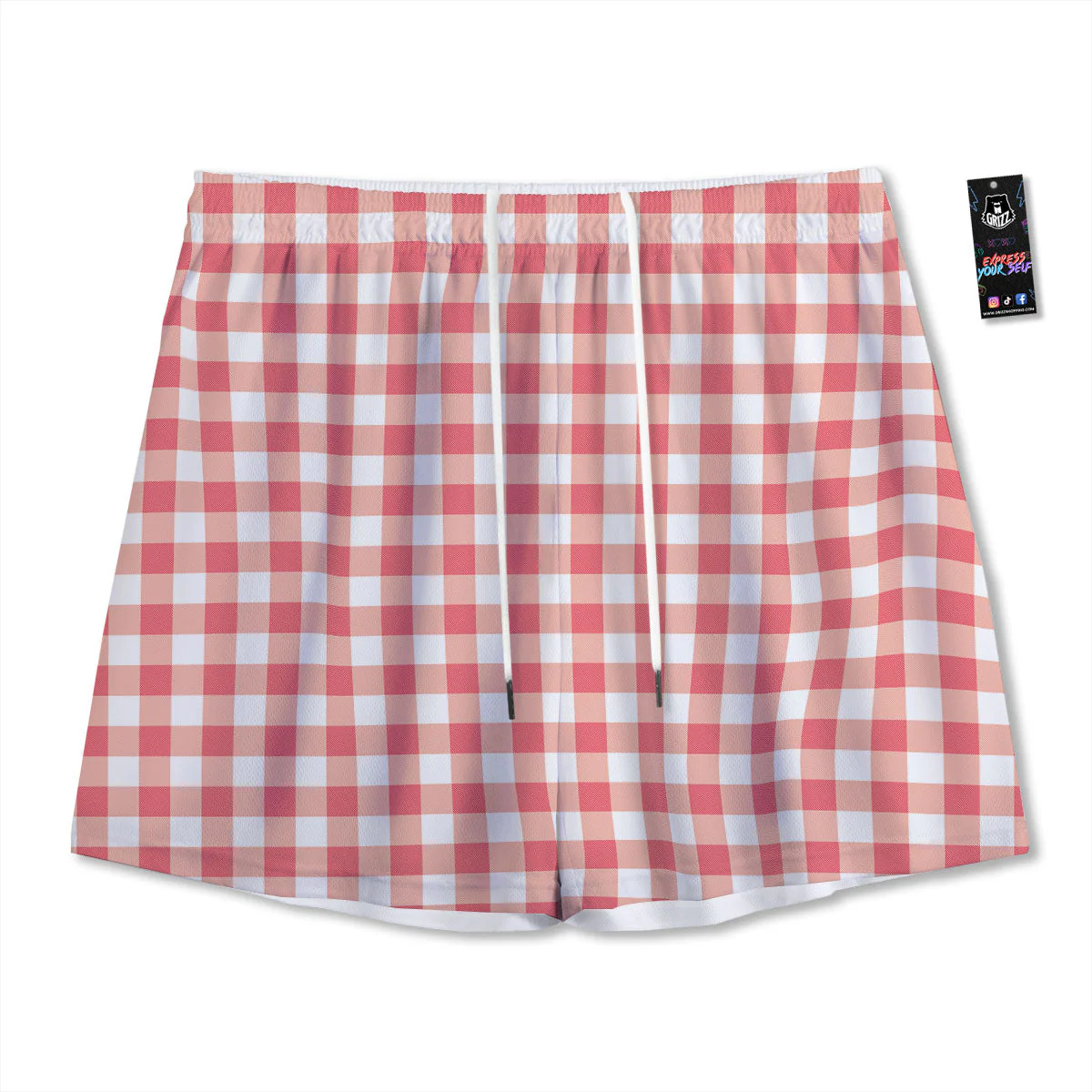 Gingham White And Pink Print Pattern Mesh Shorts