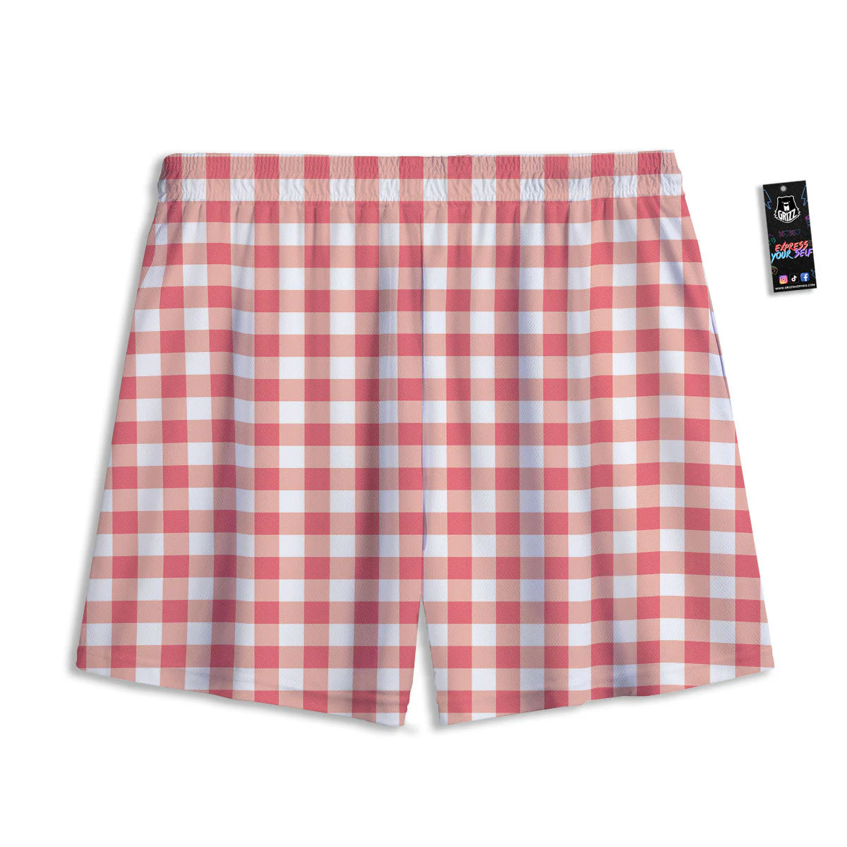 Gingham White And Pink Print Pattern Mesh Shorts - Image 2