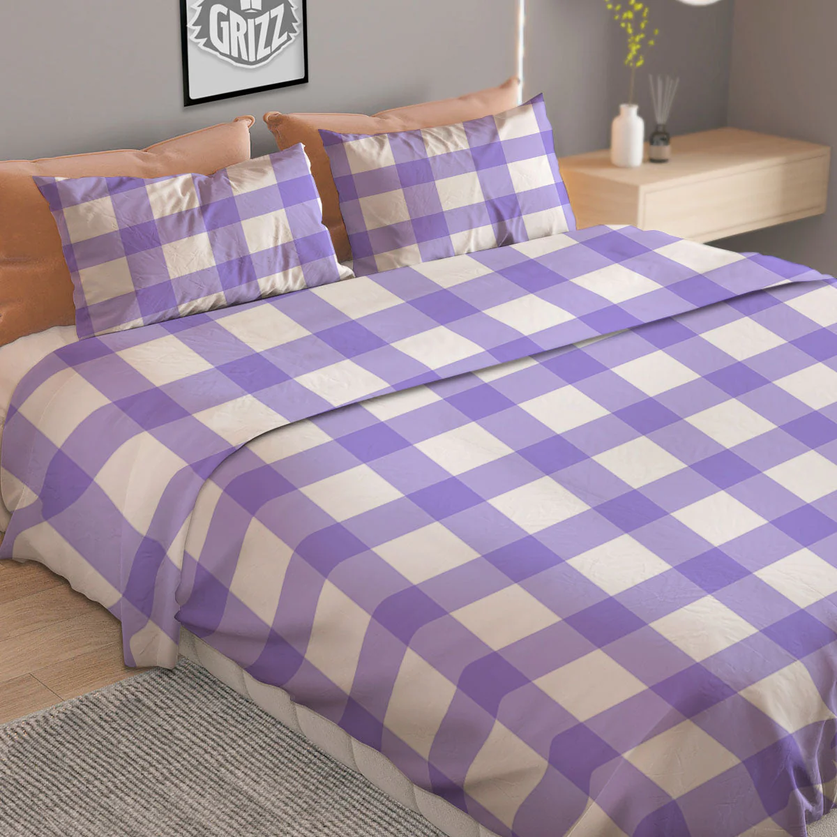 Gingham White And Purple Print Pattern Duvet Cover Bedding Set - Image 2