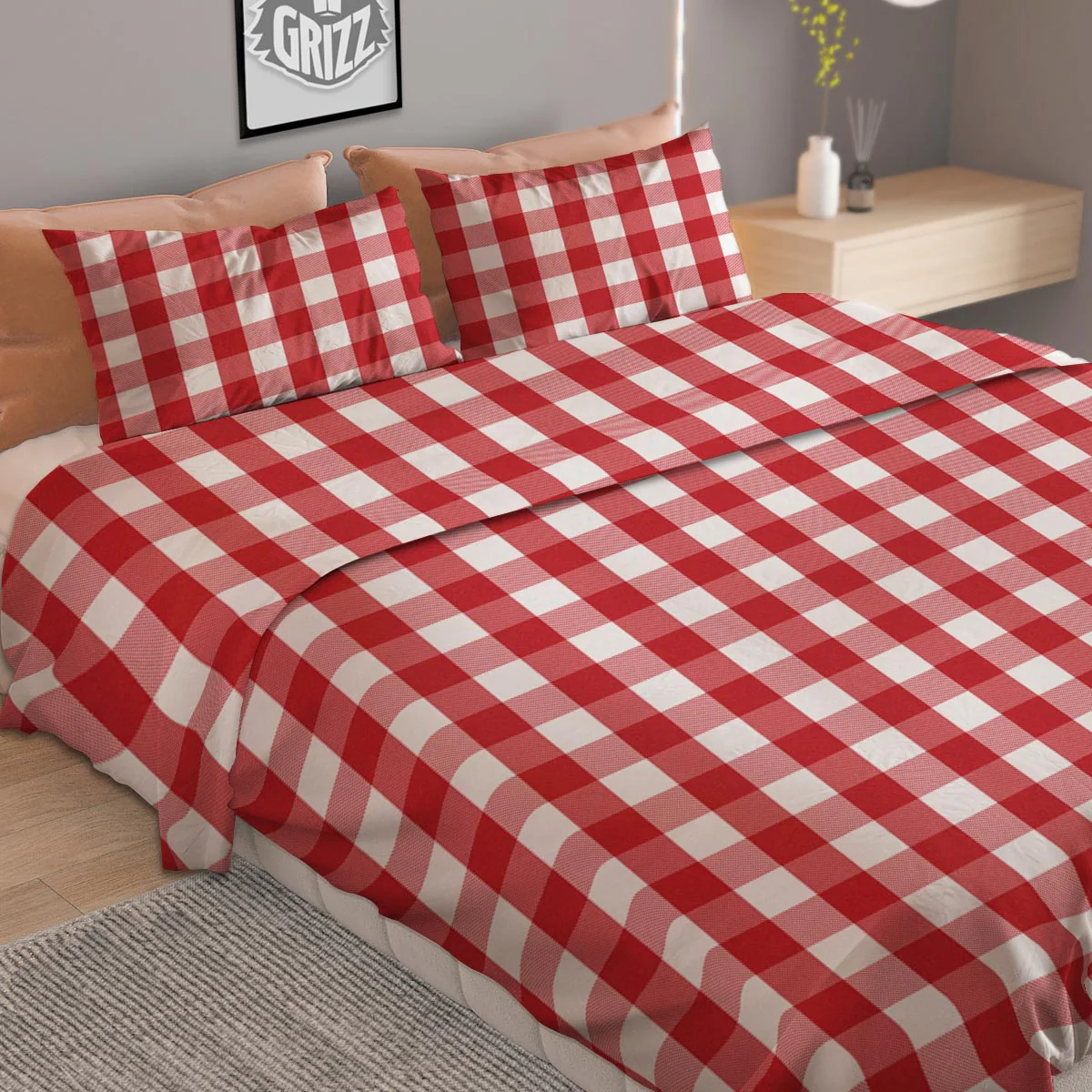 Gingham White And Red Print Pattern Duvet Cover Bedding Set - Image 2