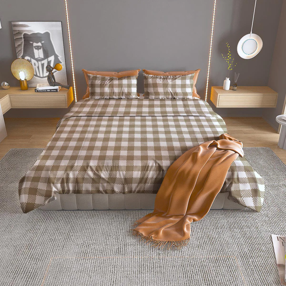 Gingham White And Tan Print Pattern Duvet Cover Bedding Set