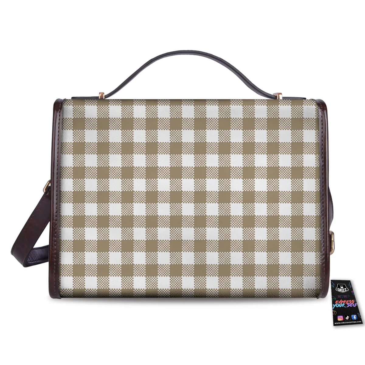 Gingham White And Tan Print Pattern Women's Satchel Bag - Image 2