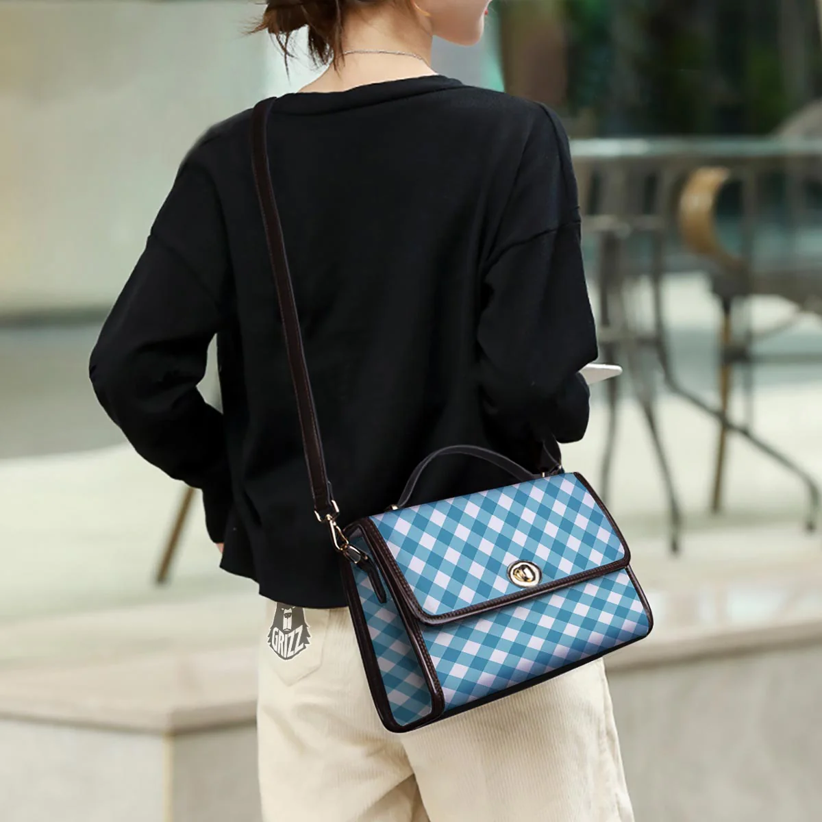 Gingham White And Teal Print Pattern Women's Satchel Bag - Image 3