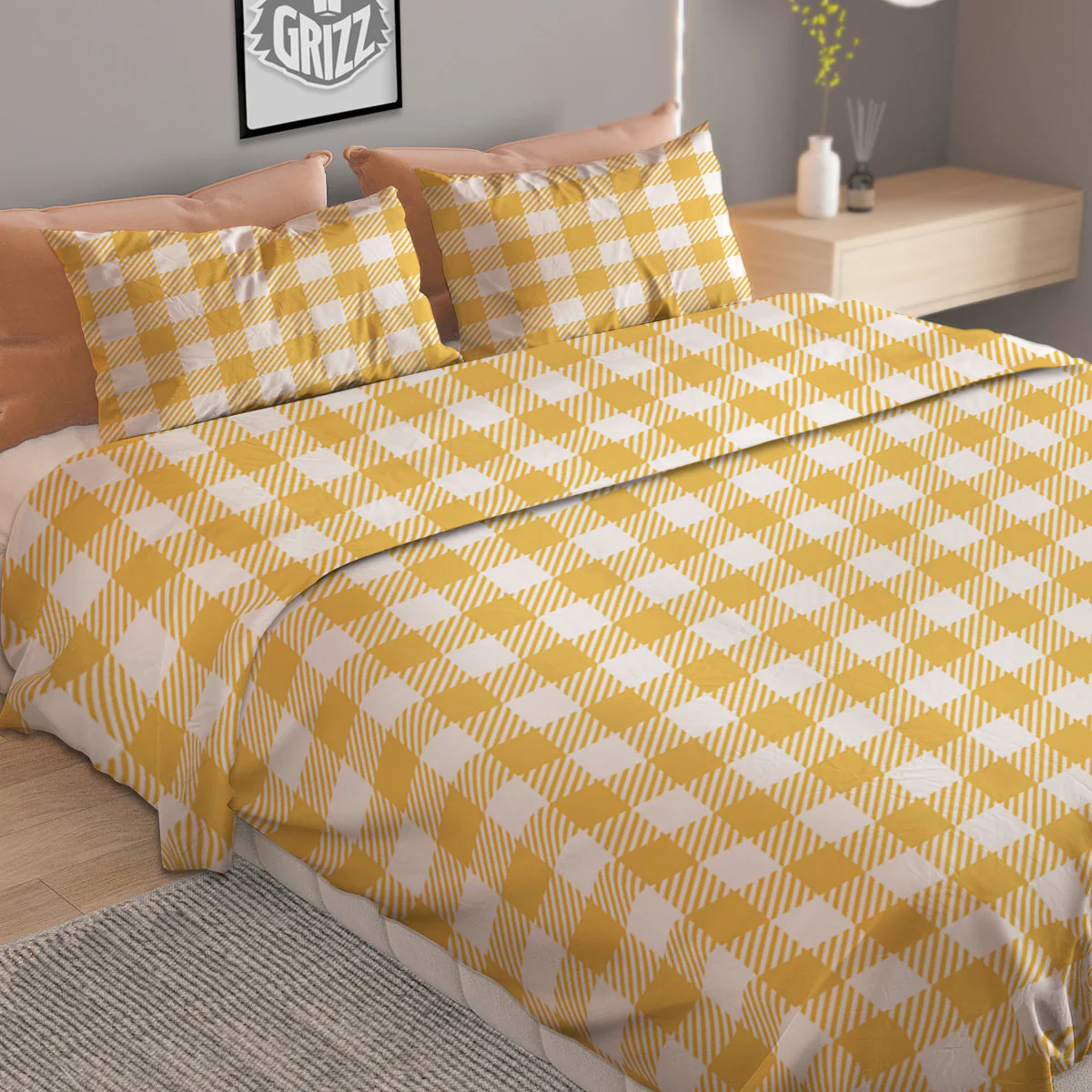 Gingham Yellow And White Print Pattern Duvet Cover Bedding Set - Image 2