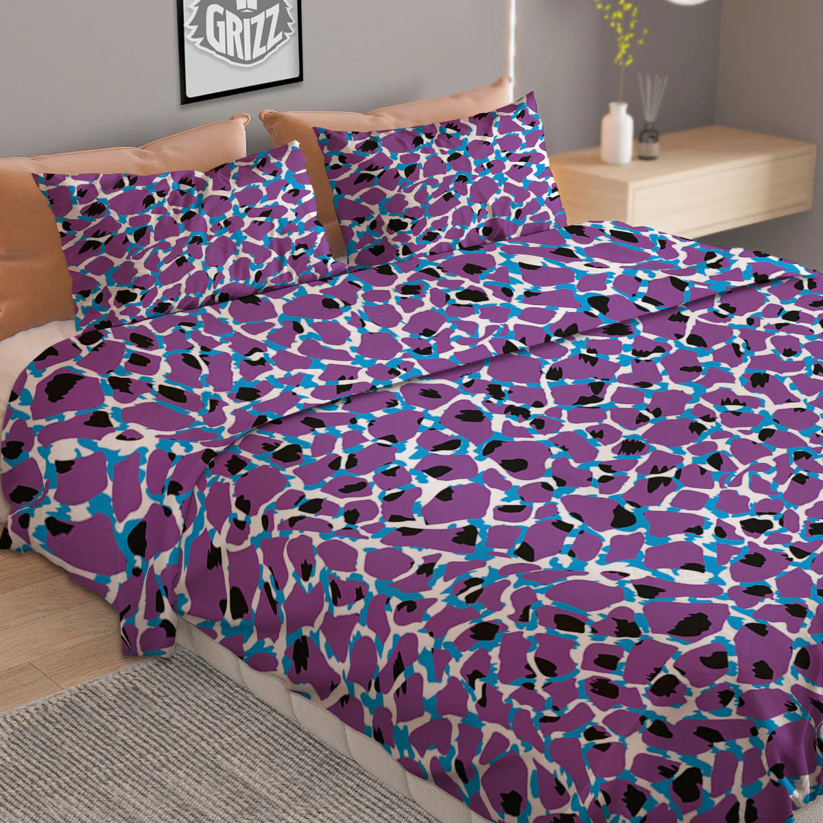 Giraffe Teal And Purple Print Pattern Duvet Cover Bedding Set - Image 2