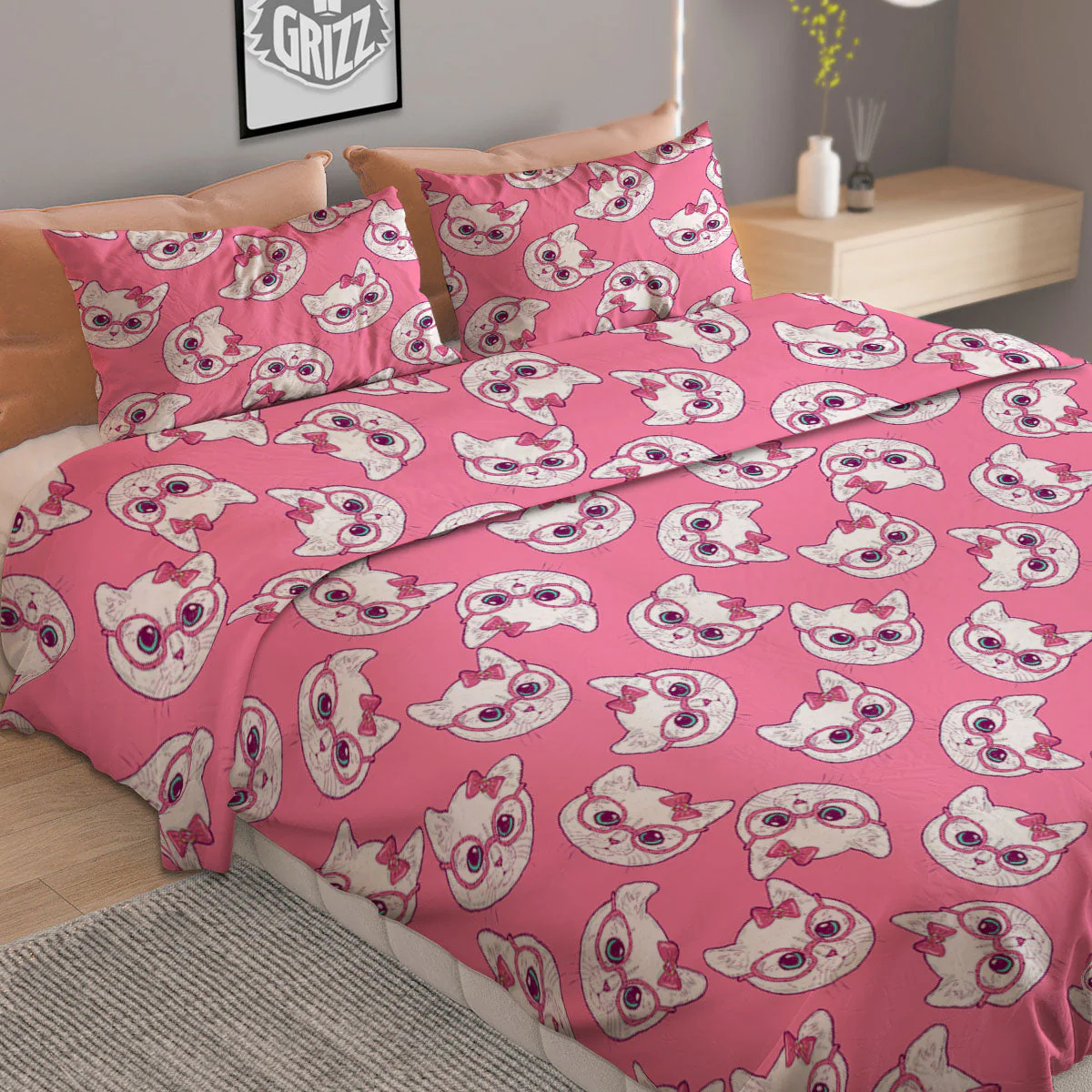 Girly Cat With Glasses Print Pattern Duvet Cover Bedding Set - Image 2