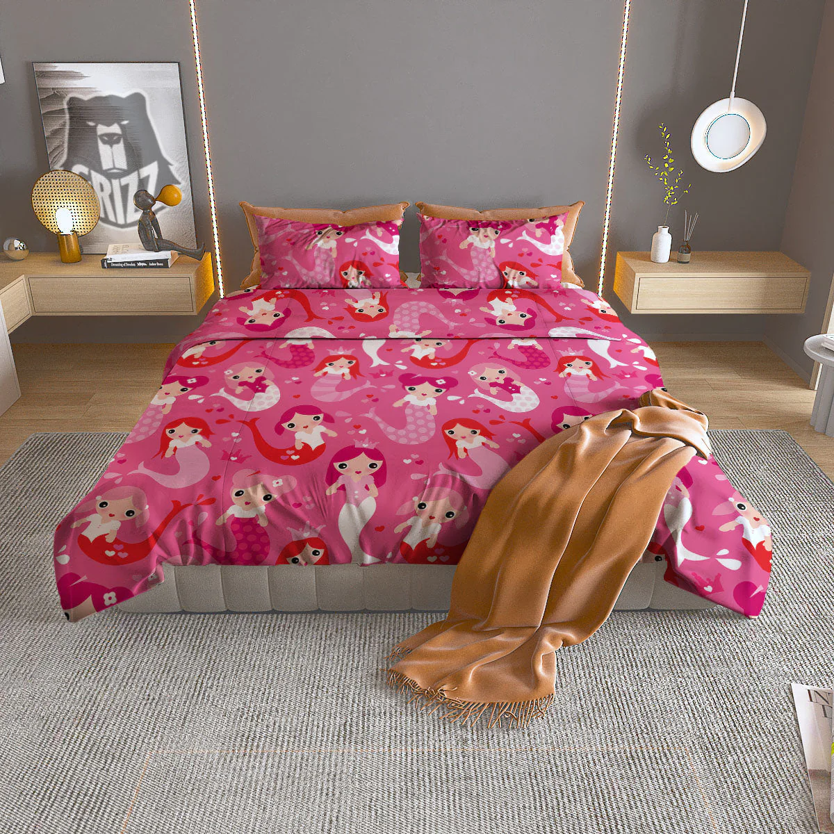 Girly Mermaid Pink Print Pattern Duvet Cover Bedding Set