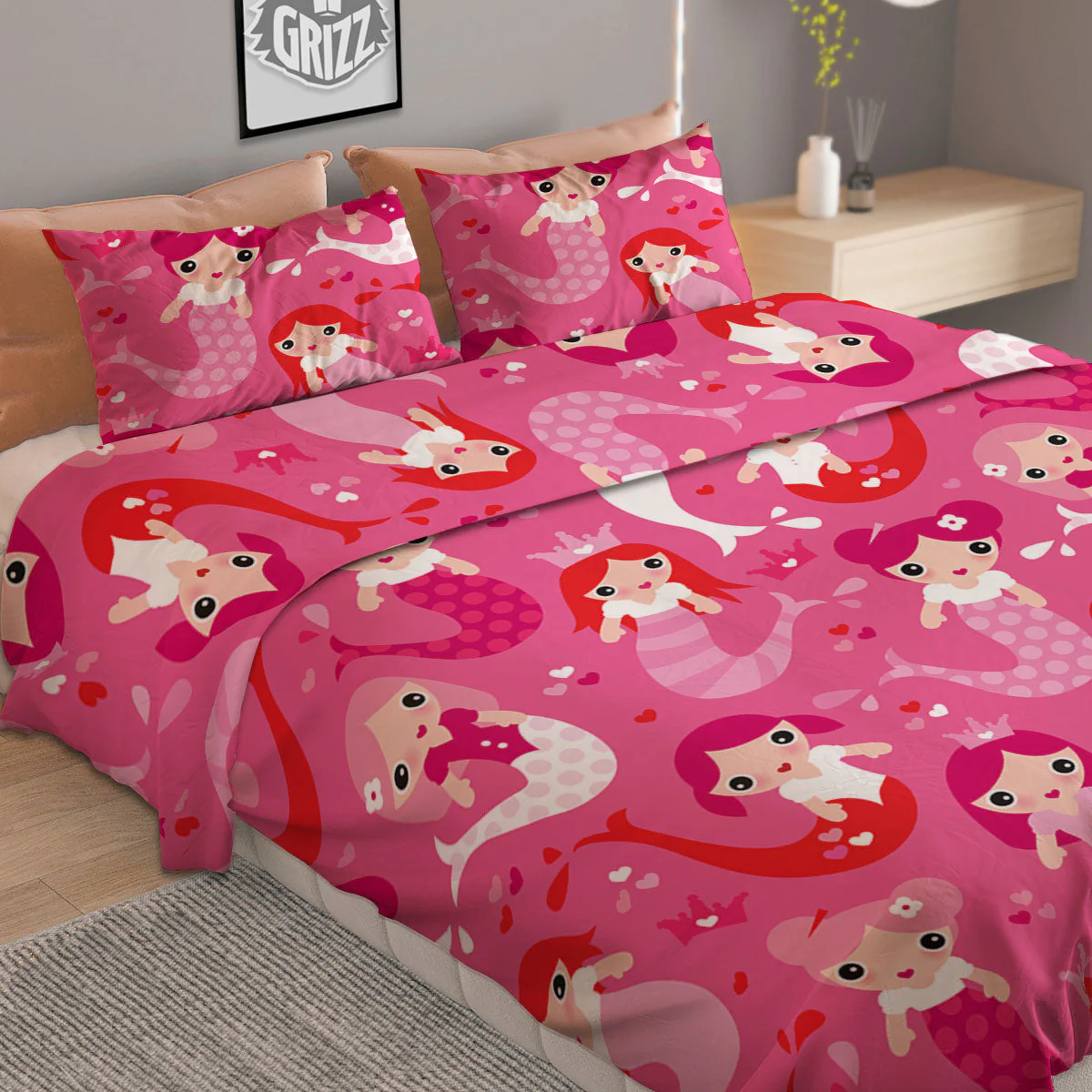 Girly Mermaid Pink Print Pattern Duvet Cover Bedding Set - Image 2