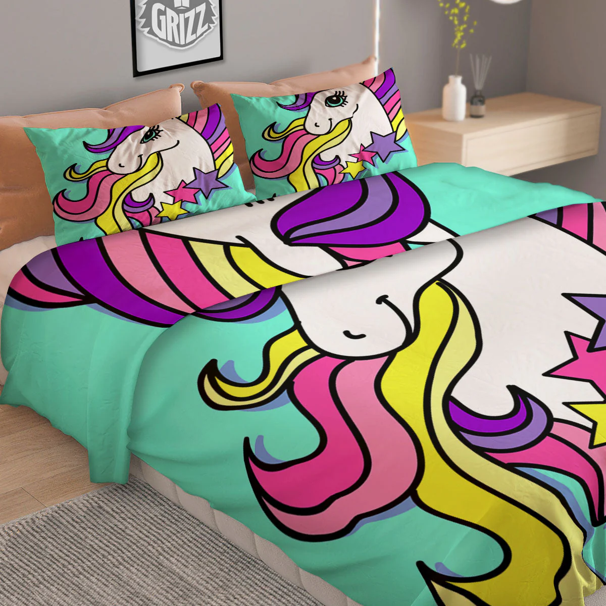 Girly Unicorn Teal Print Duvet Cover Bedding Set - Image 2