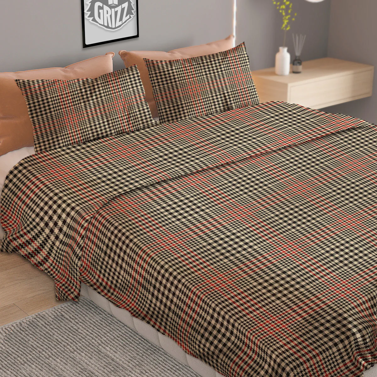 Glen Plaid Brown Beige Print Duvet Cover Bedding Set - Image 2