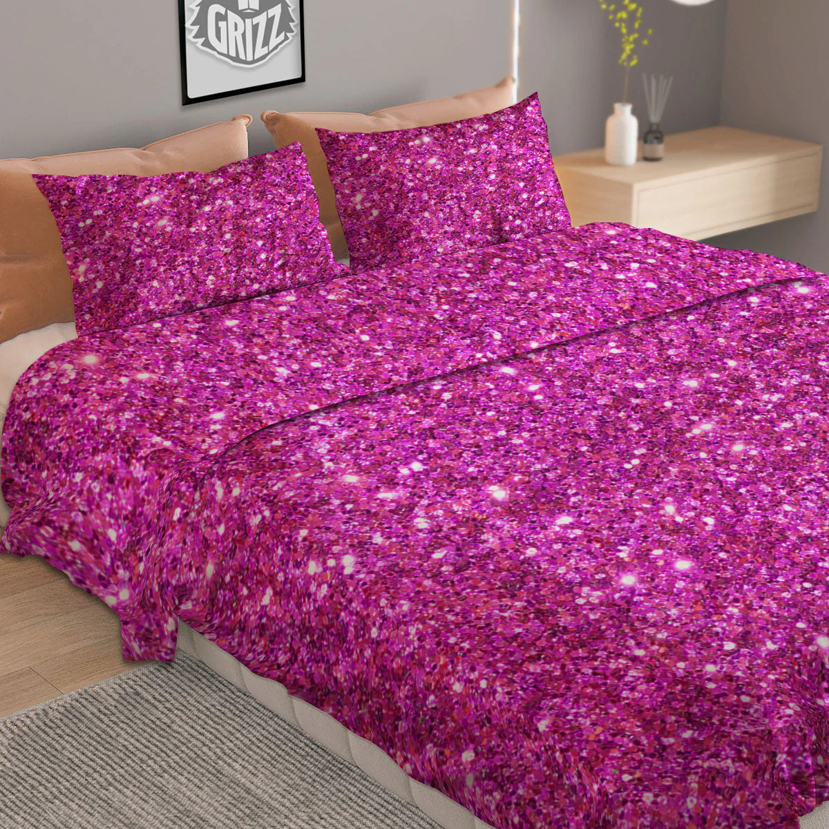 Glitter Artwork Magenta Pink Print Duvet Cover Bedding Set - Image 2
