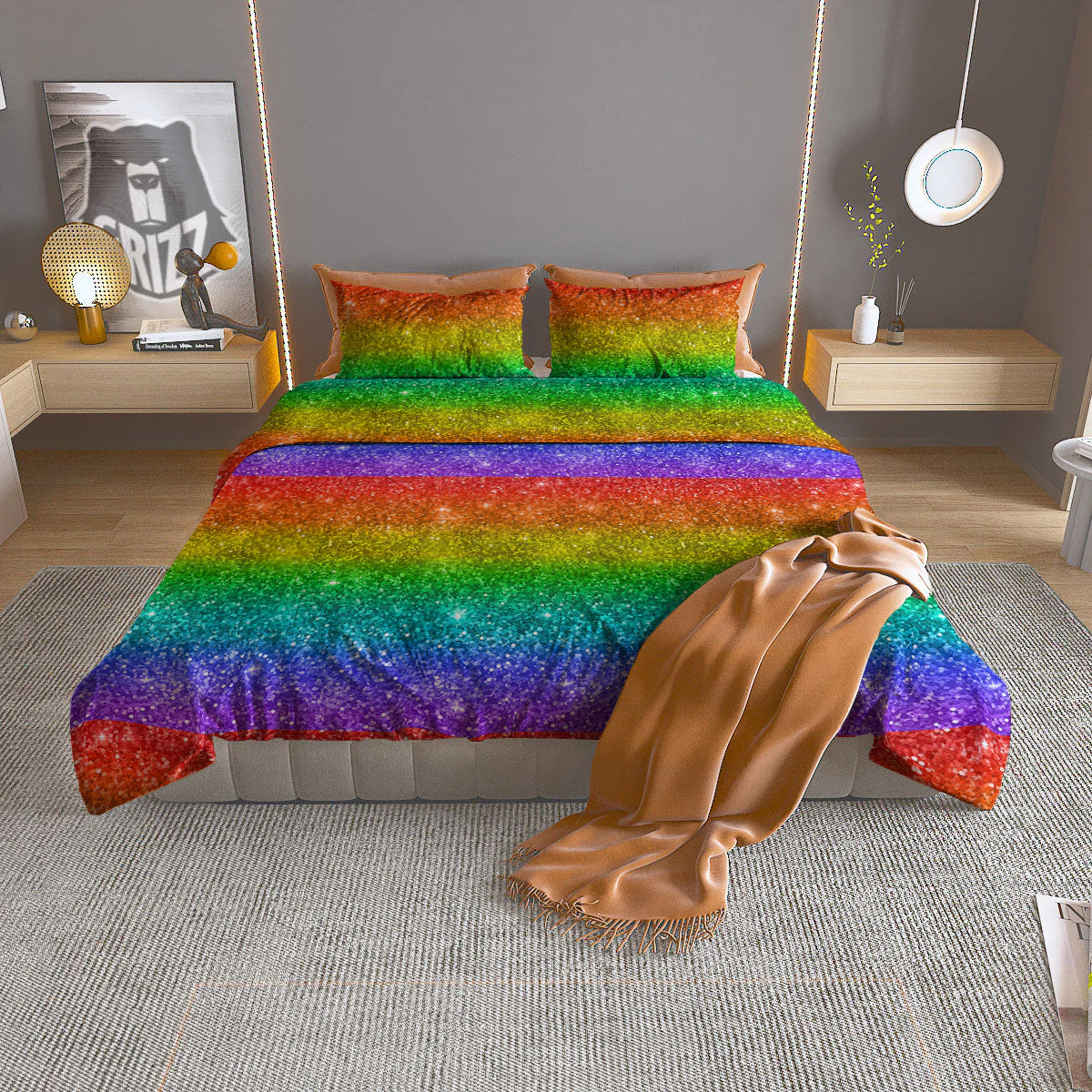 Glitter Rainbow Print Pattern Duvet Cover Bedding Set