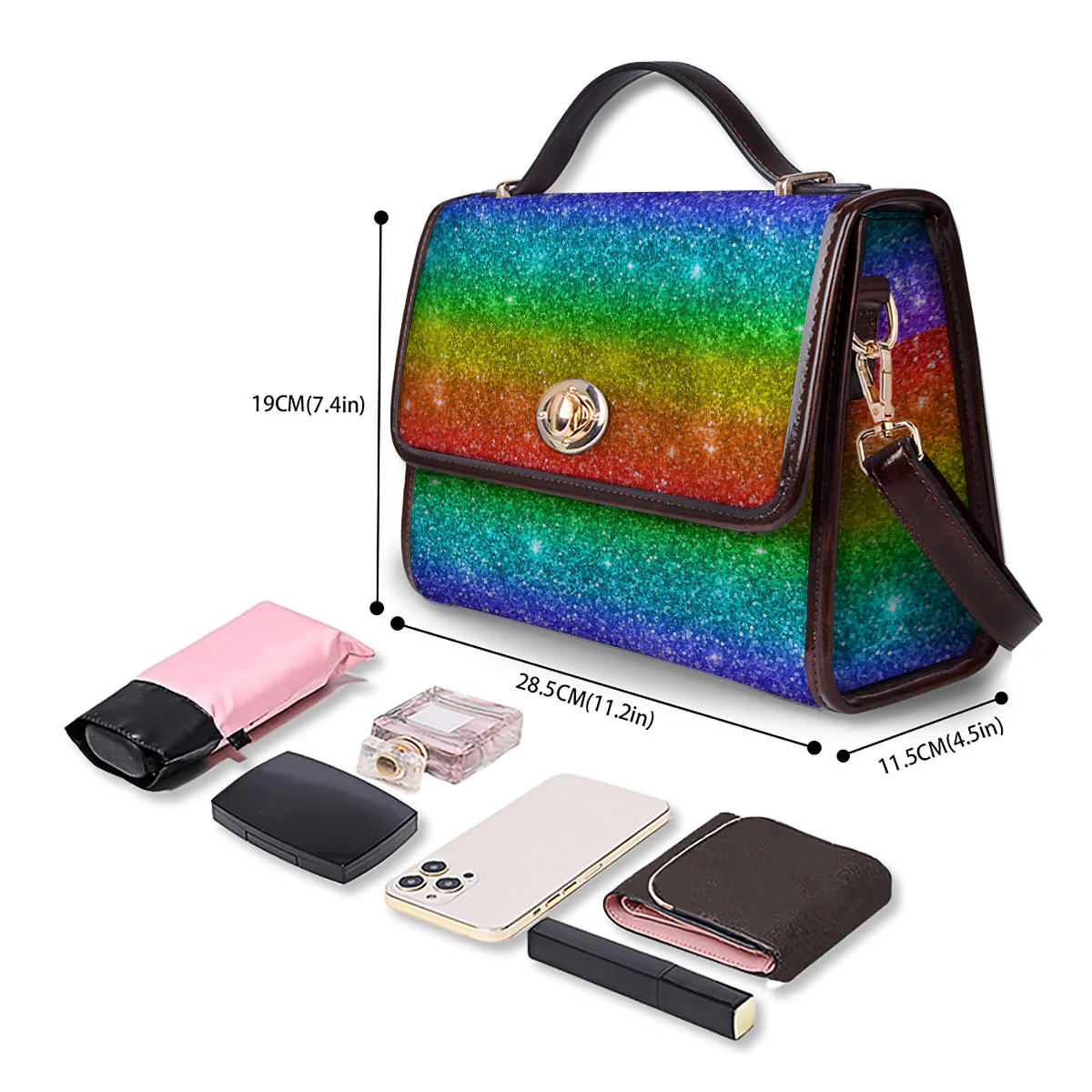 Glitter Rainbow Print Pattern Women's Satchel Bag - Image 4