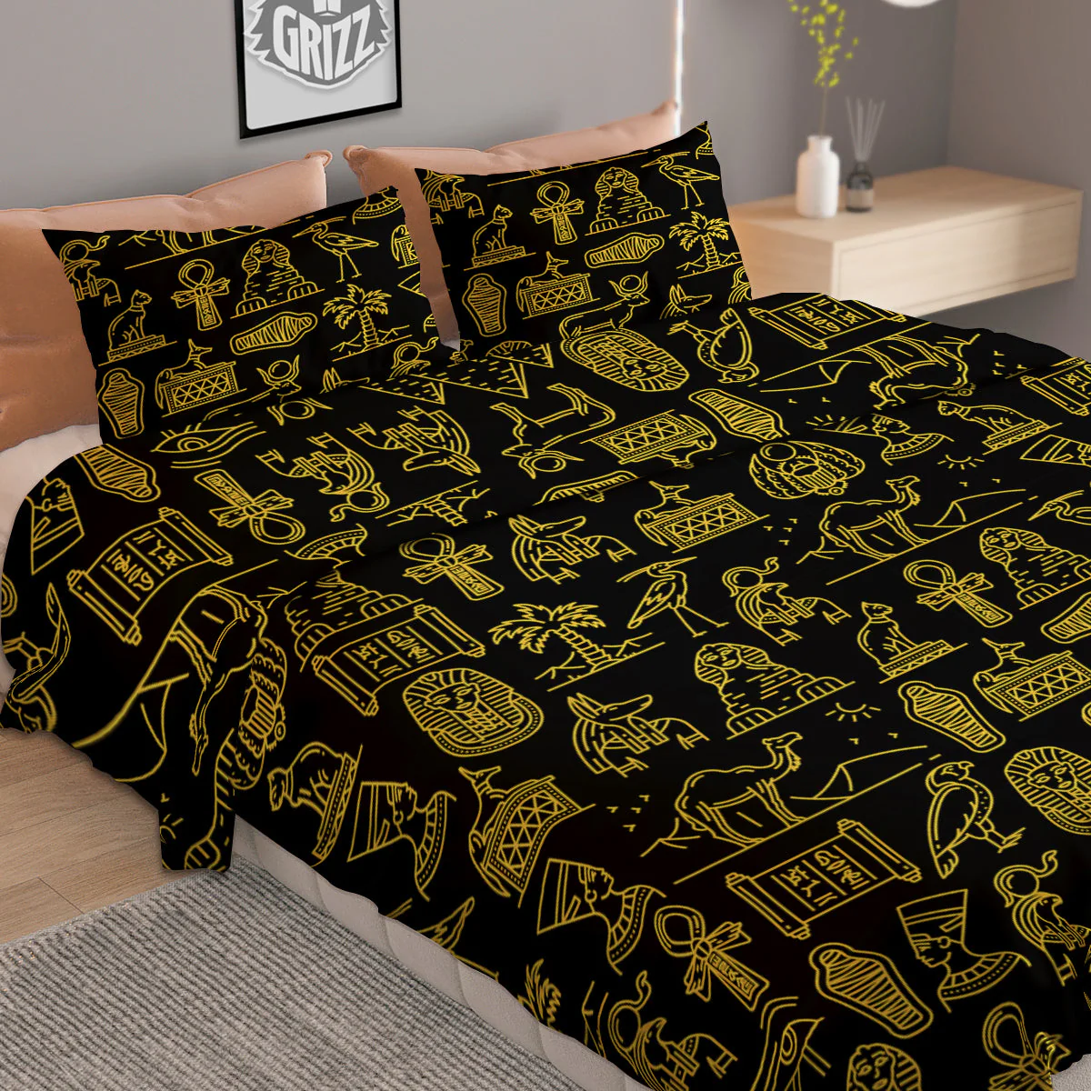 Glod Ancient Egyptian Print Pattern Duvet Cover Bedding Set - Image 2