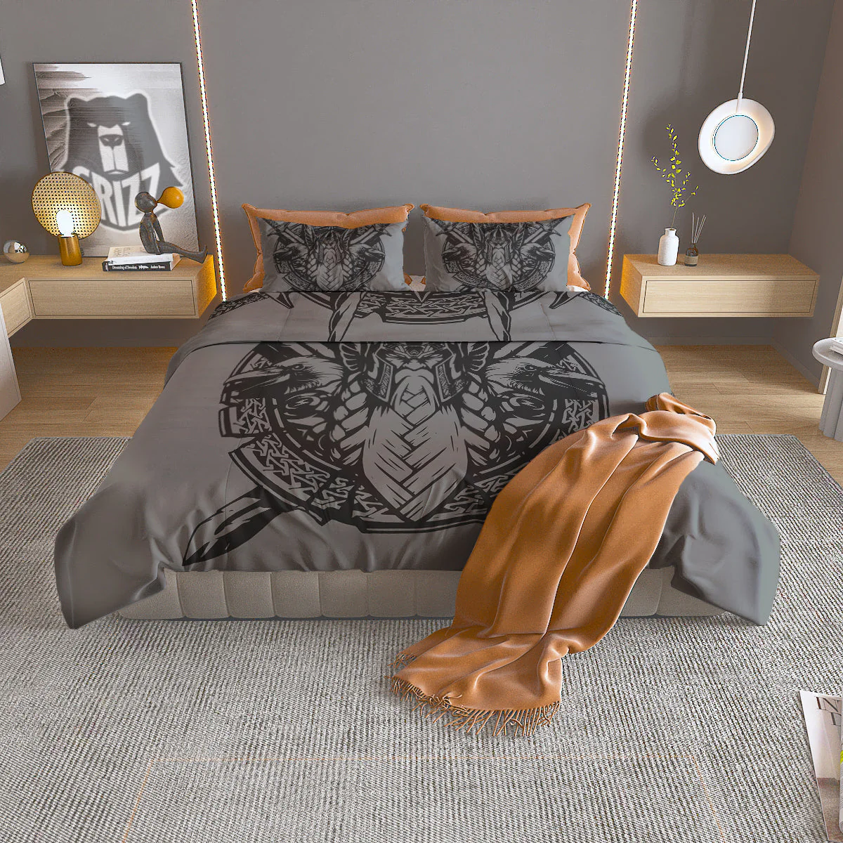 God Odin Grey Color Print Duvet Cover Bedding Set