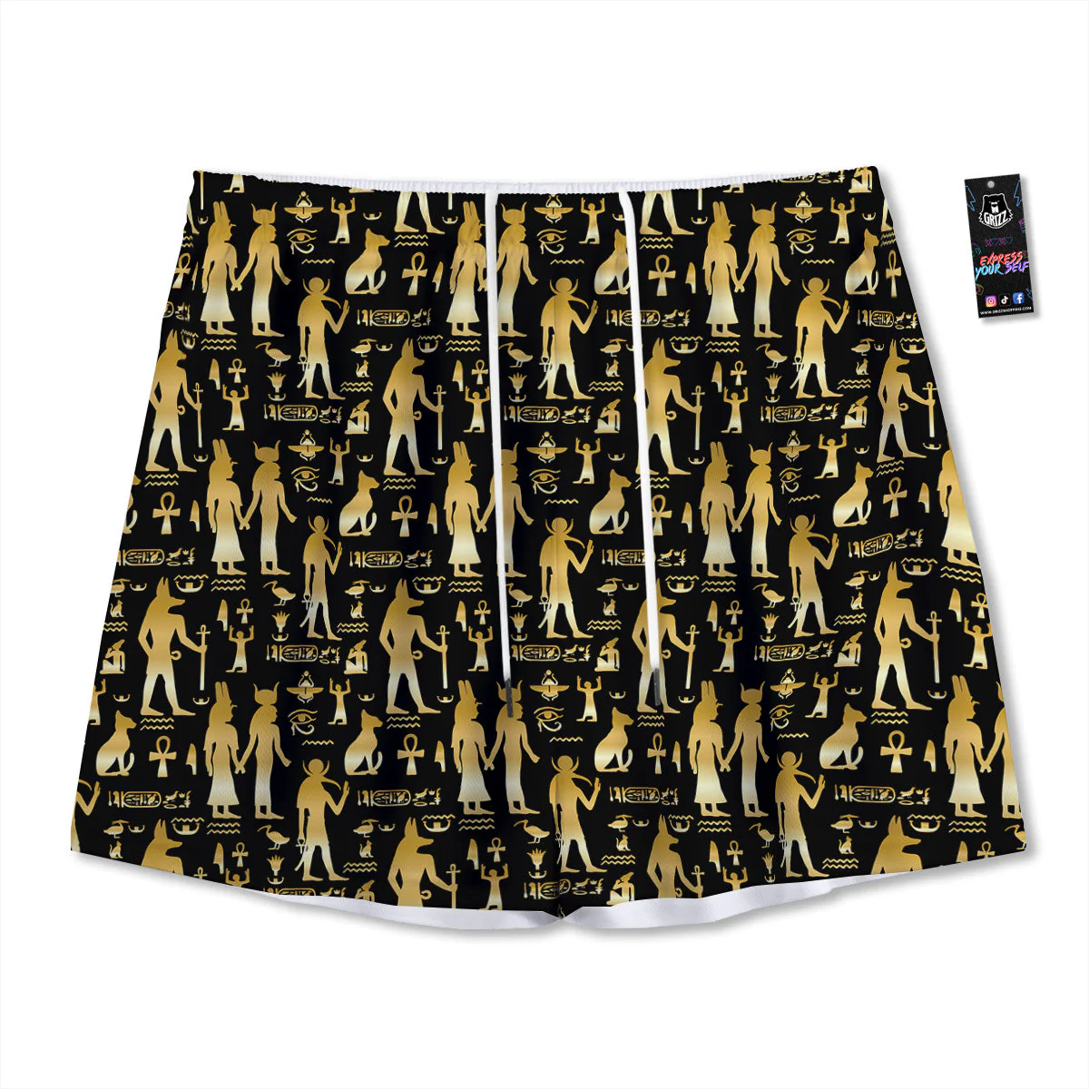 Gold And Black Egypt Ancient Mythology Print Pattern Mesh Shorts