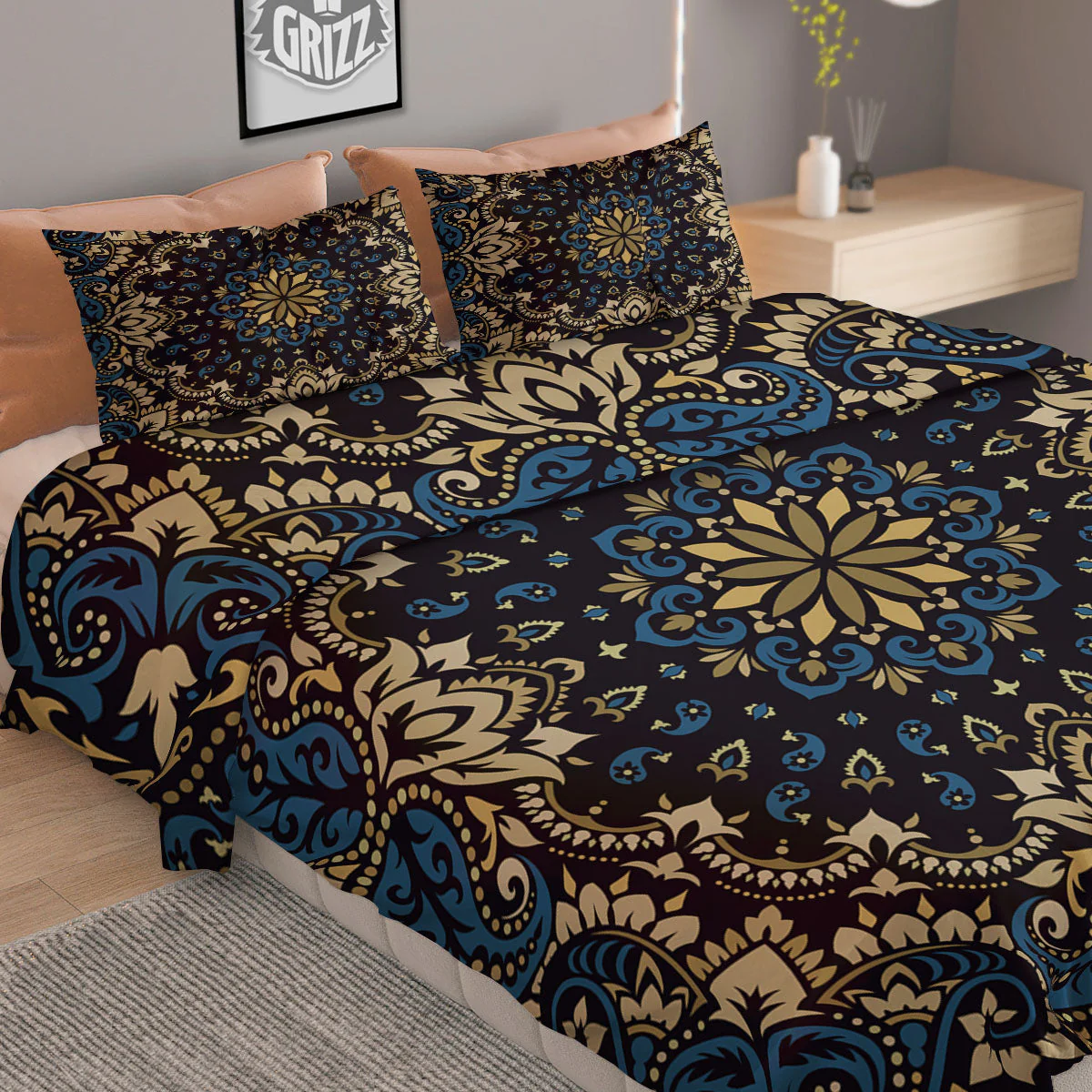 Gold Blue Paisley Bandana Print Duvet Cover Bedding Set - Image 2