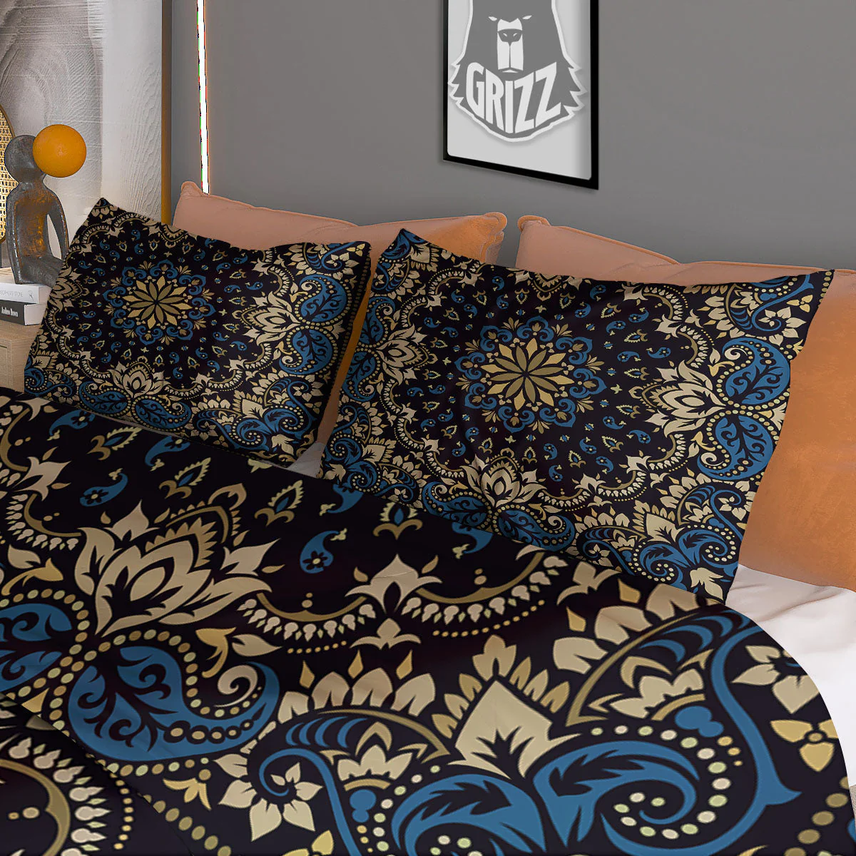 Gold Blue Paisley Bandana Print Duvet Cover Bedding Set - Image 3