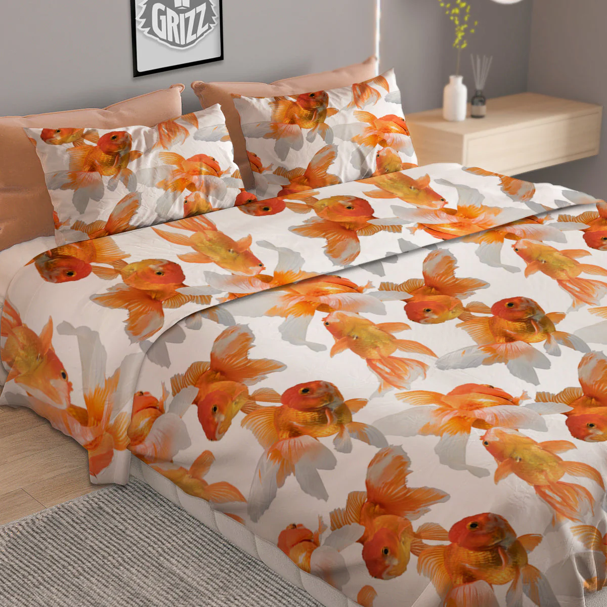 Gold Fish And White Print Pattern Duvet Cover Bedding Set - Image 2