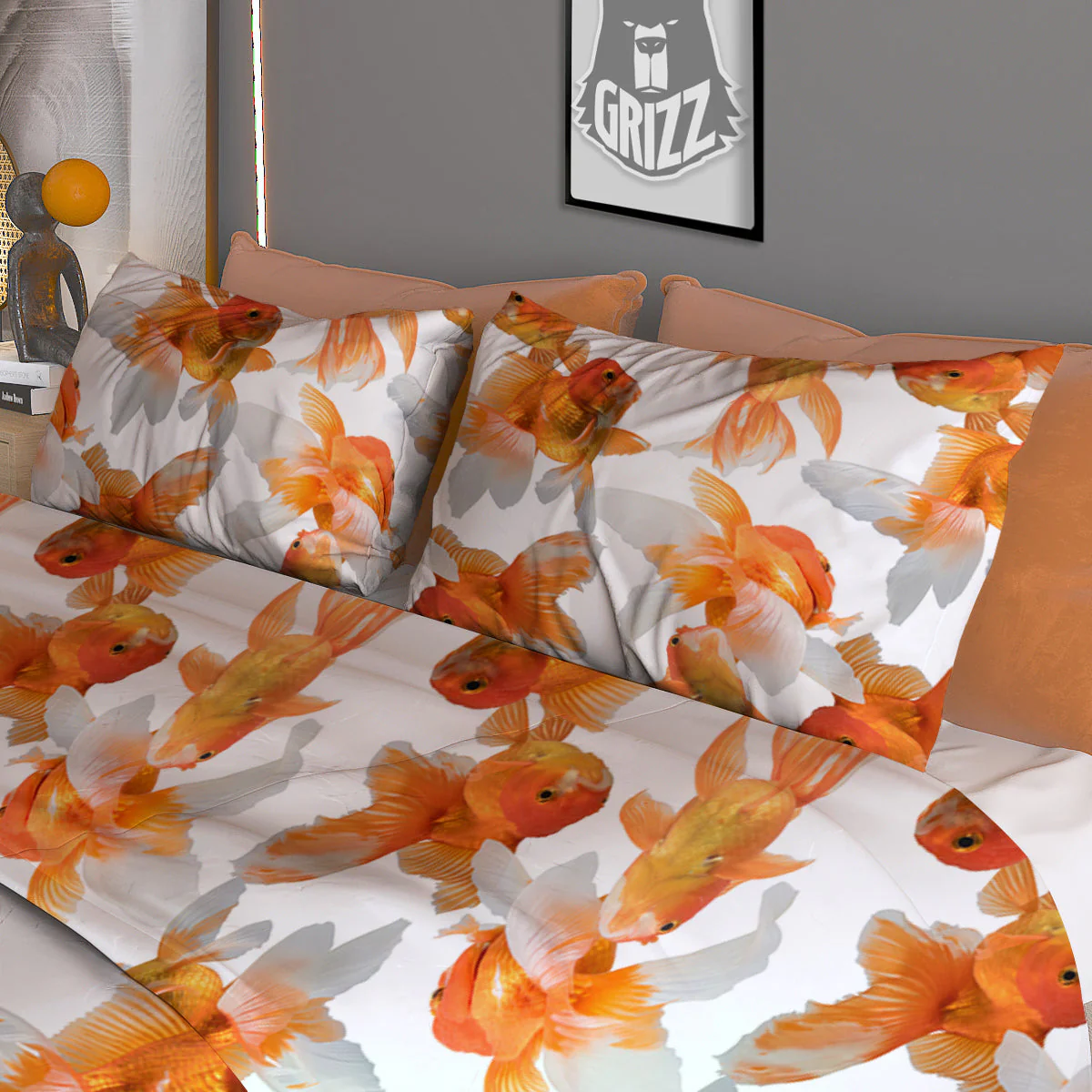 Gold Fish And White Print Pattern Duvet Cover Bedding Set - Image 3