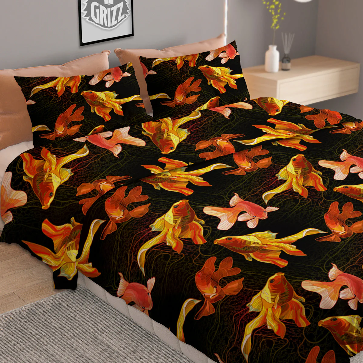 Gold Fish Drawing Print Pattern Duvet Cover Bedding Set - Image 2