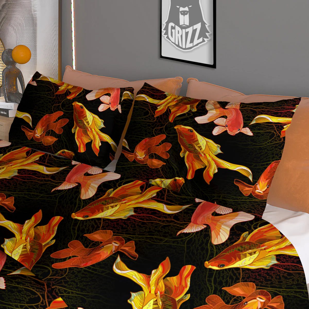Gold Fish Drawing Print Pattern Duvet Cover Bedding Set - Image 3