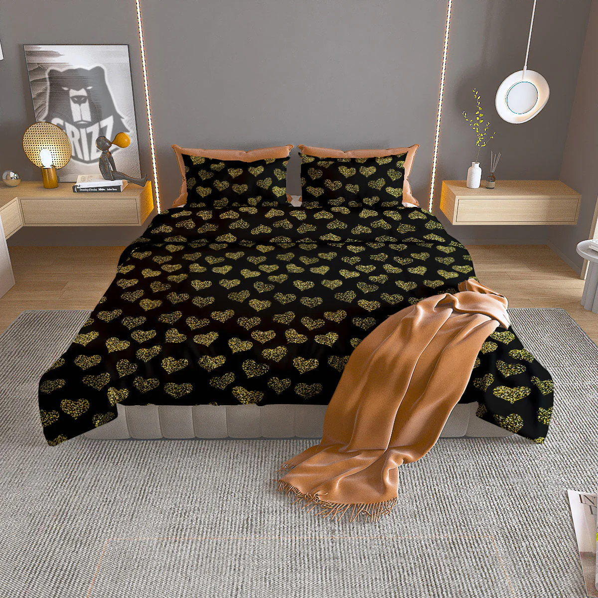 Gold Heart Glitter Print Pattern Duvet Cover Bedding Set