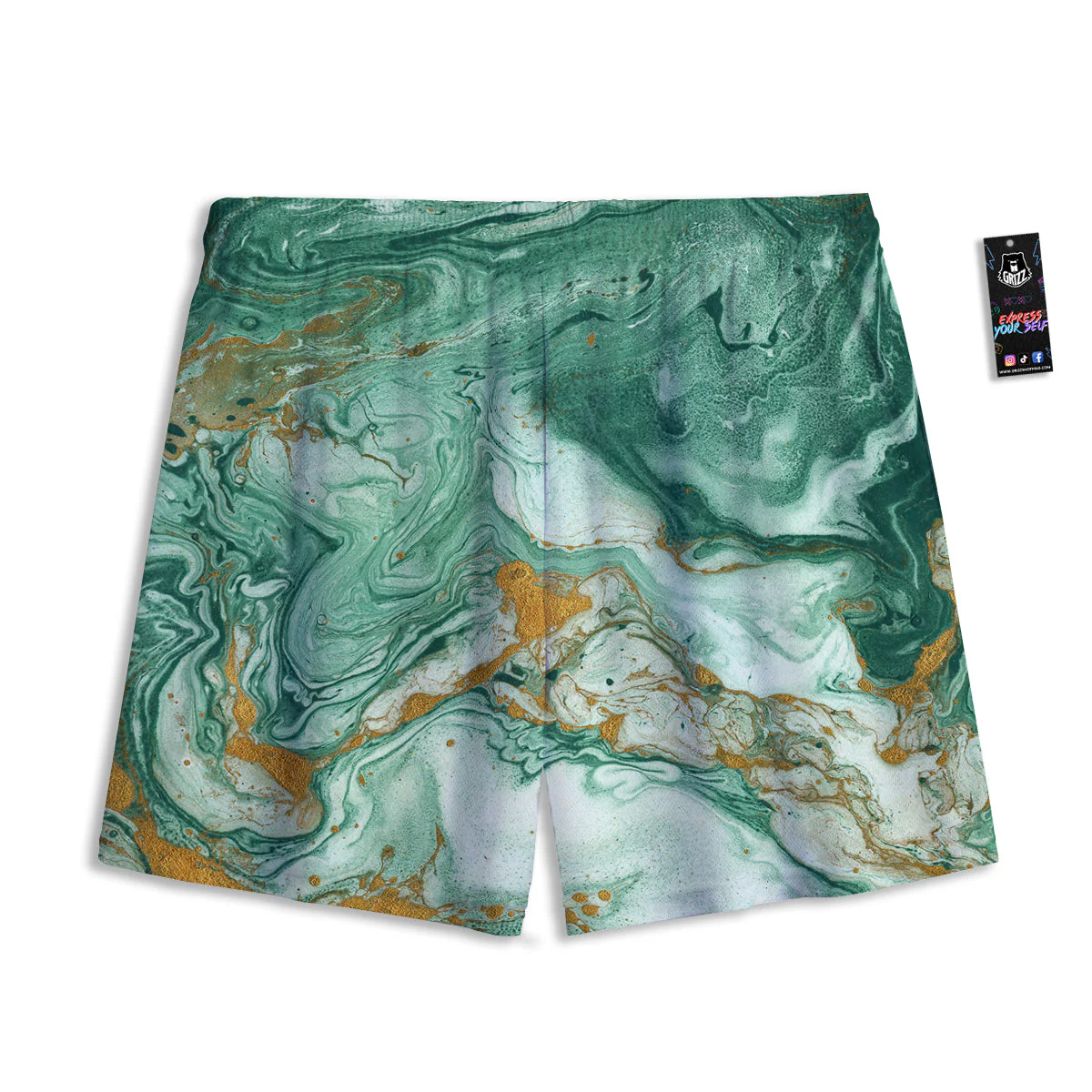 Golden And Green Marble Textue Print Mesh Shorts - Image 2