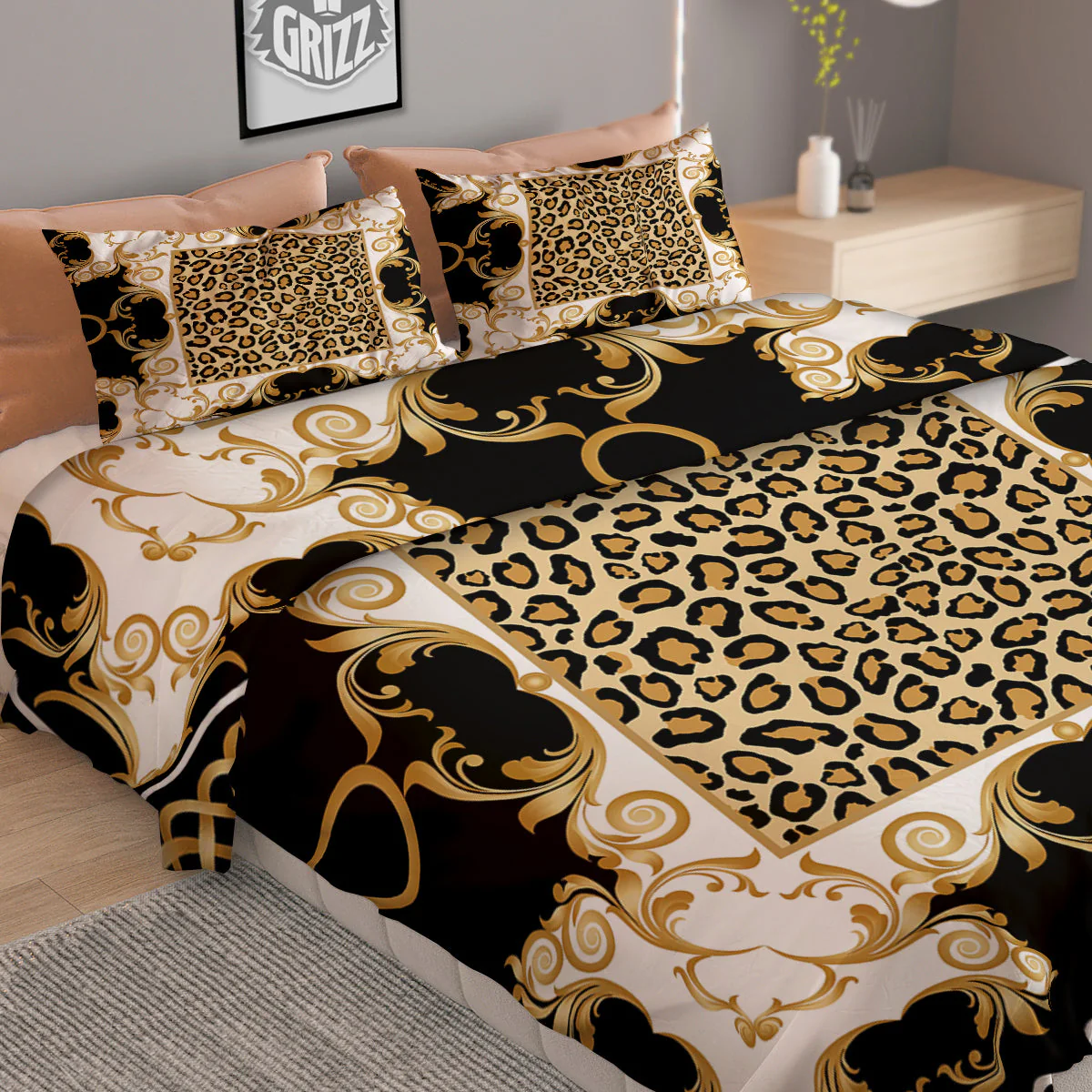 Golden Baroque And Leopard Print Duvet Cover Bedding Set - Image 2