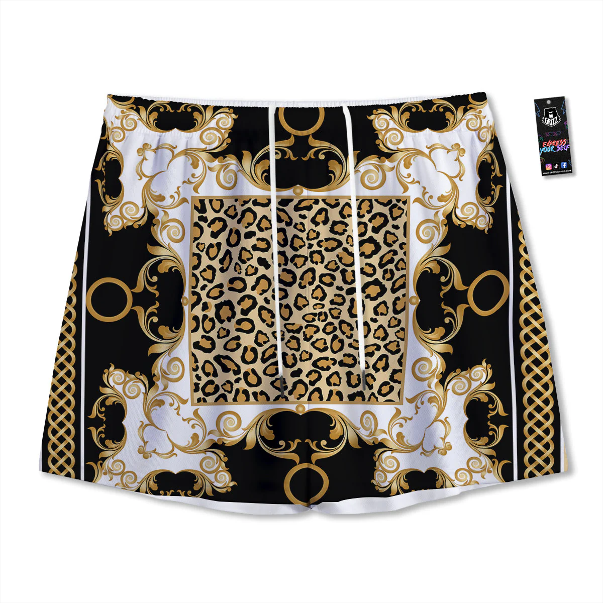 Golden Baroque And Leopard Print Mesh Shorts