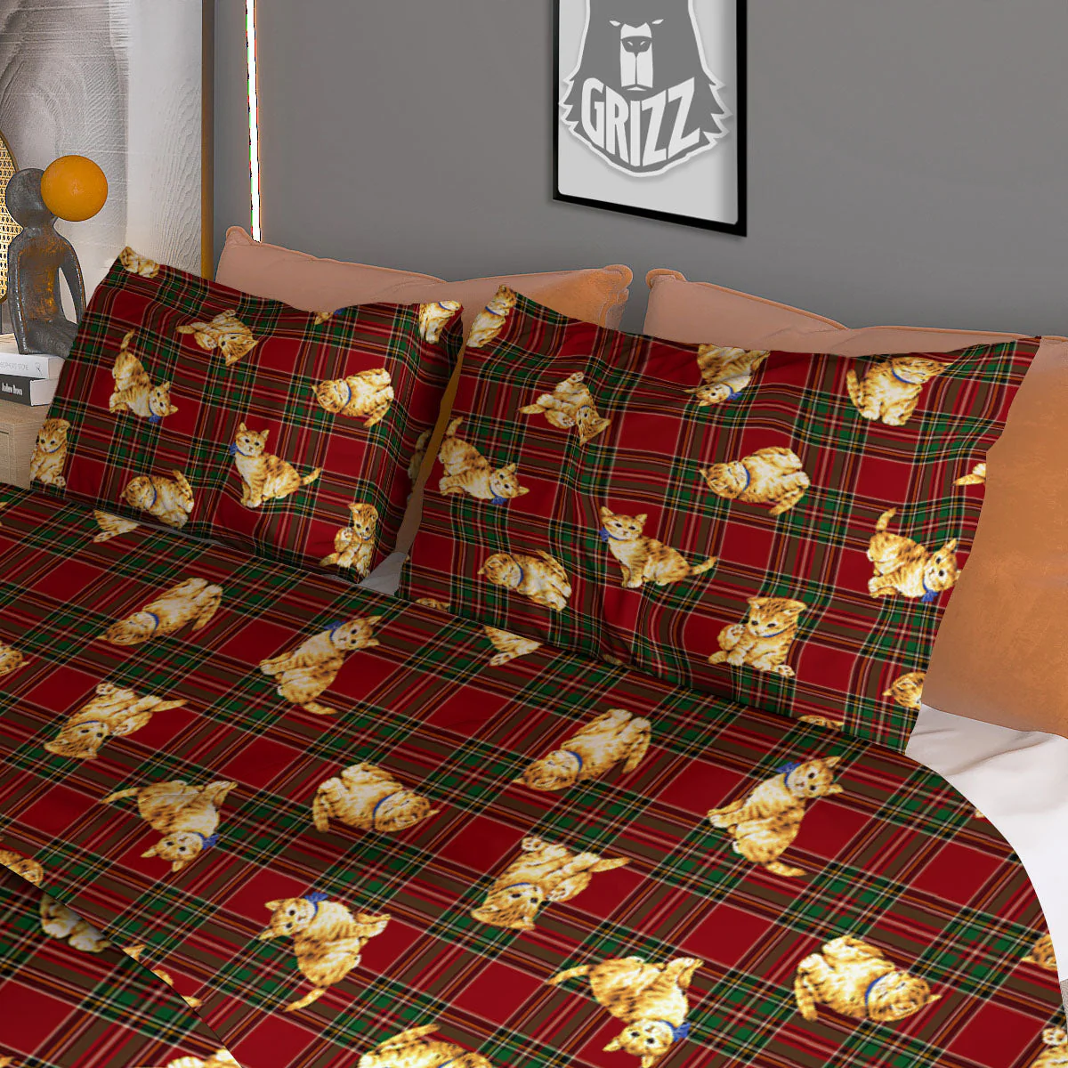 Golden Cat Tartan Print Pattern Duvet Cover Bedding Set - Image 3