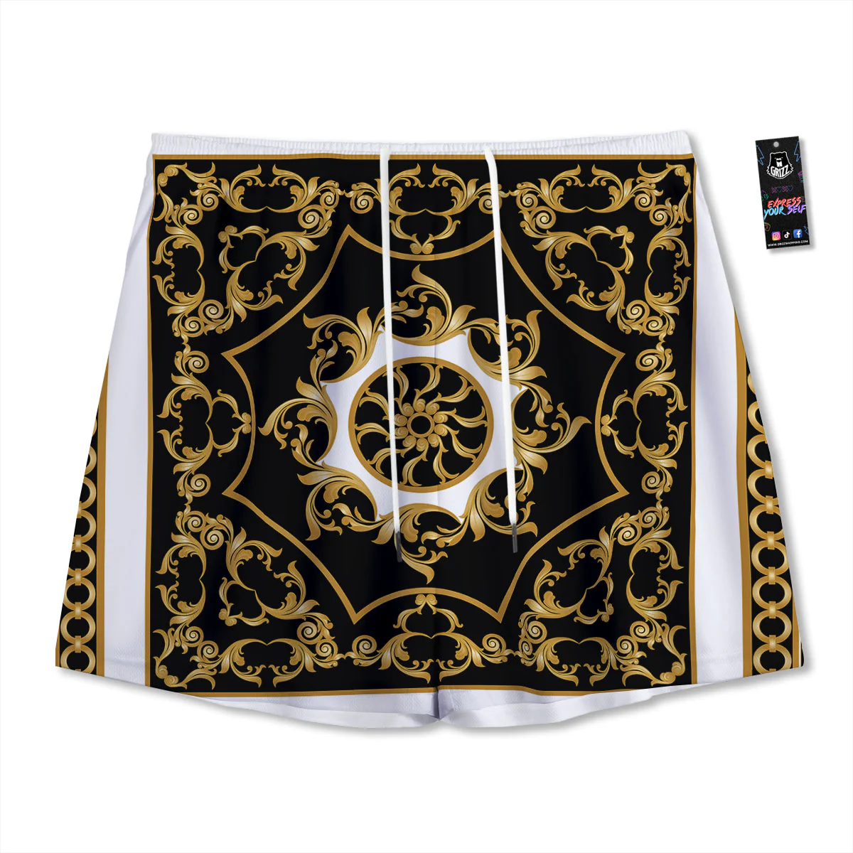 Golden Floral Baroque Black White Print Mesh Shorts