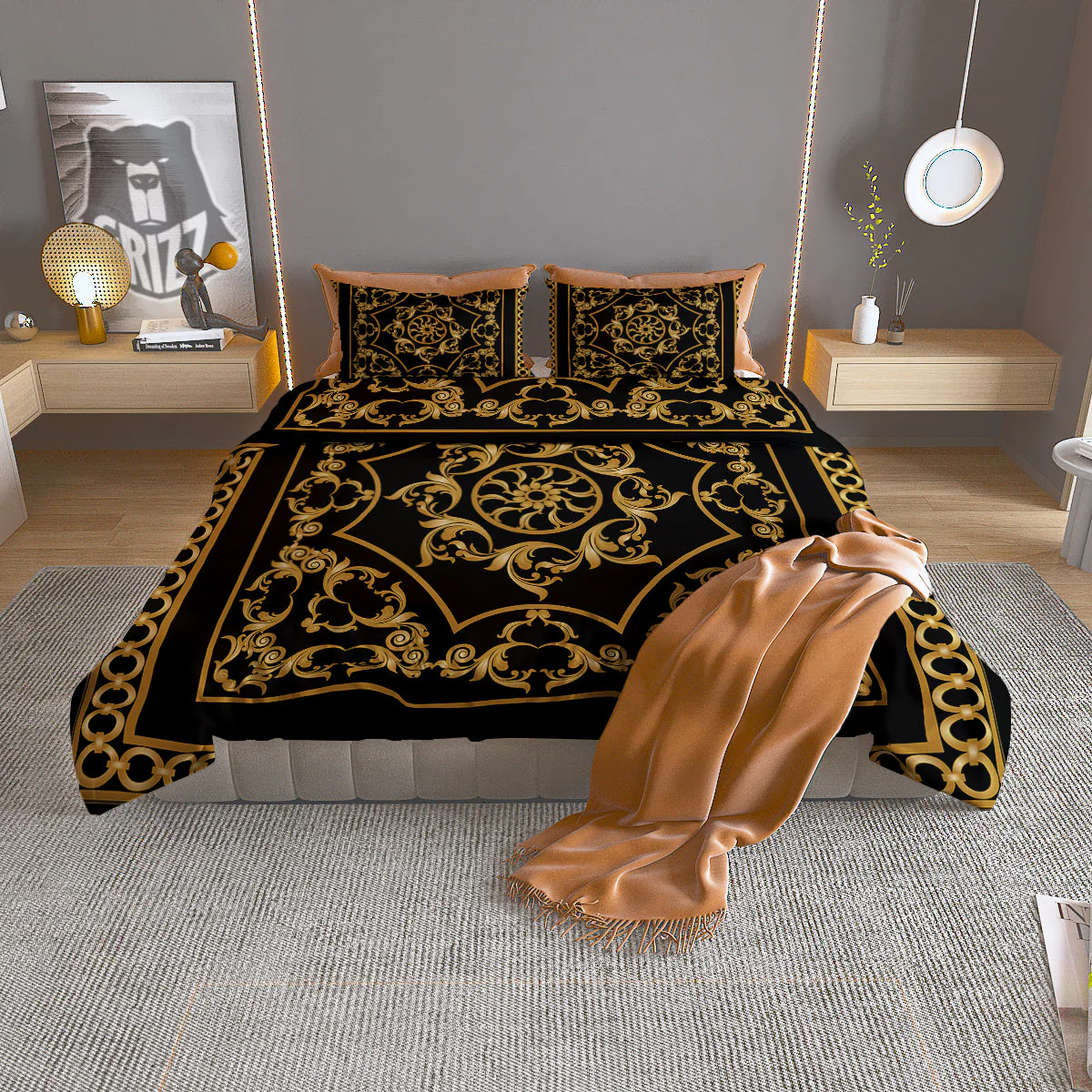 Golden Floral Baroque Print Duvet Cover Bedding Set