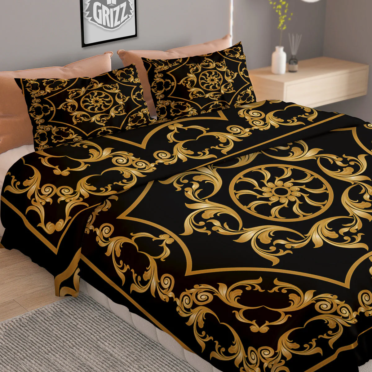 Golden Floral Baroque Print Duvet Cover Bedding Set - Image 2