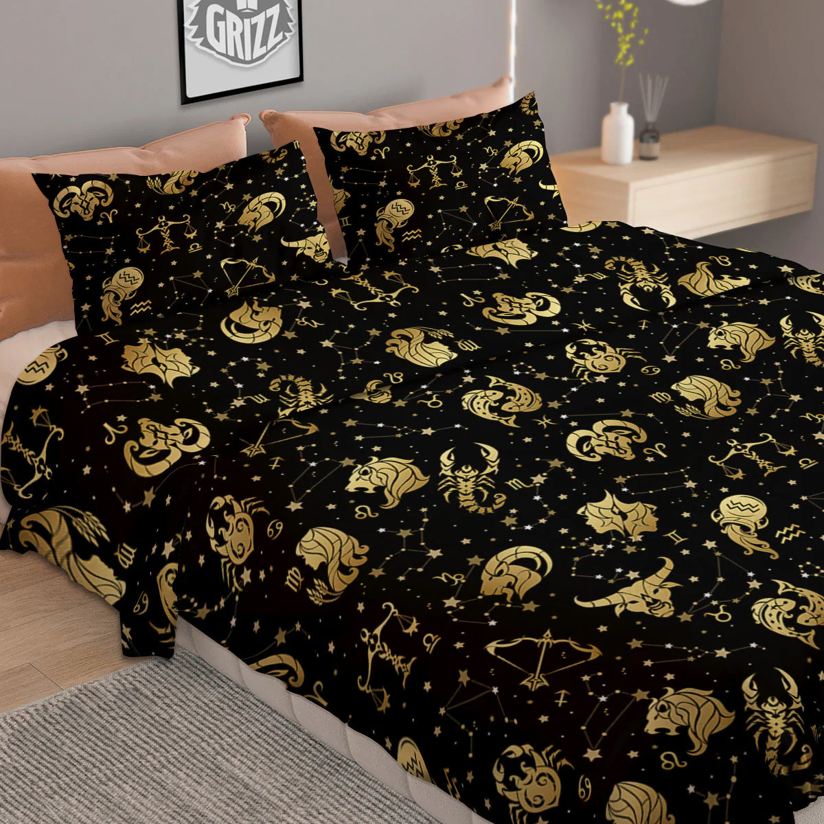 Golden Horoscope Zodiac Signs Print Pattern Duvet Cover Bedding Set - Image 2