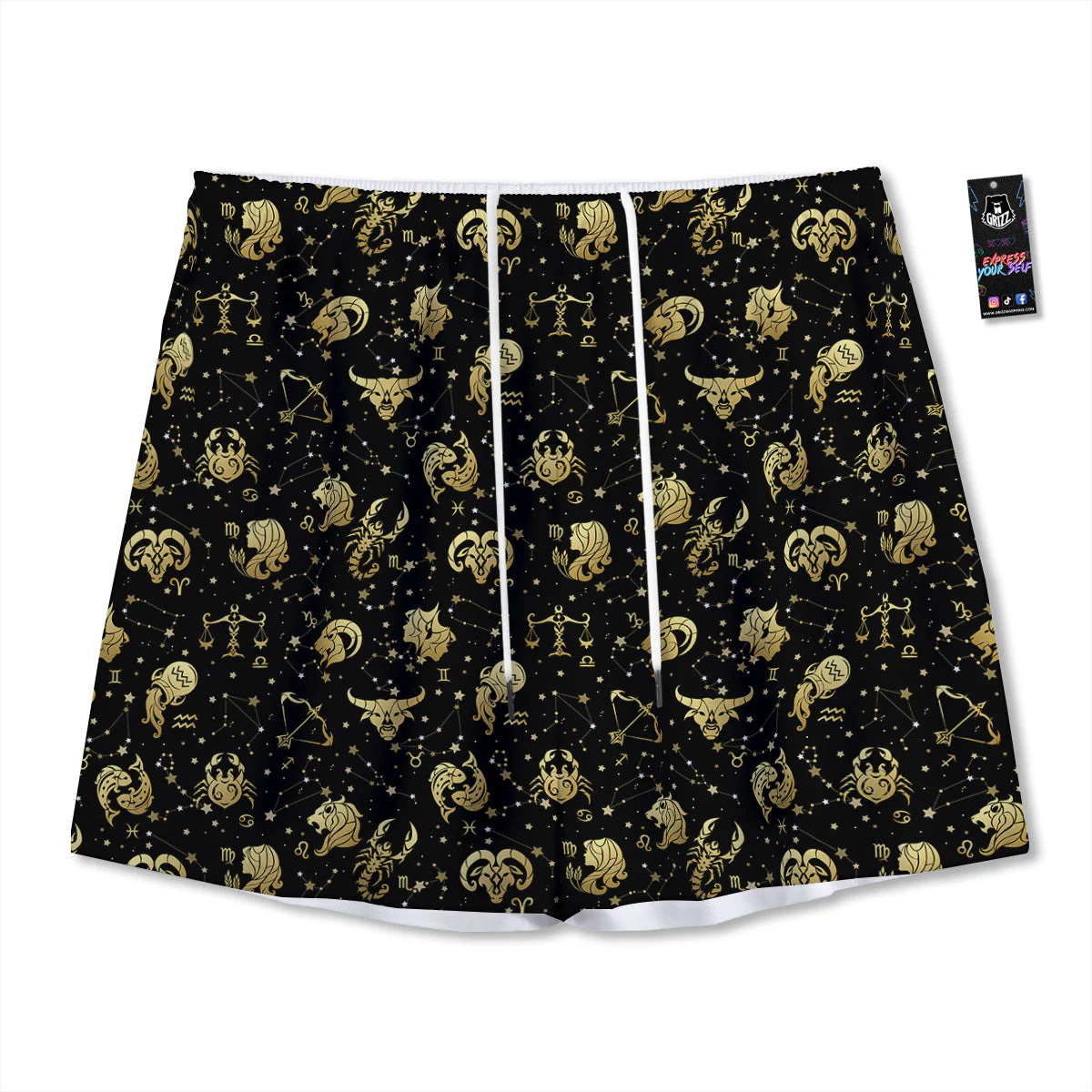 Golden Horoscope Zodiac Signs Print Pattern Mesh Shorts