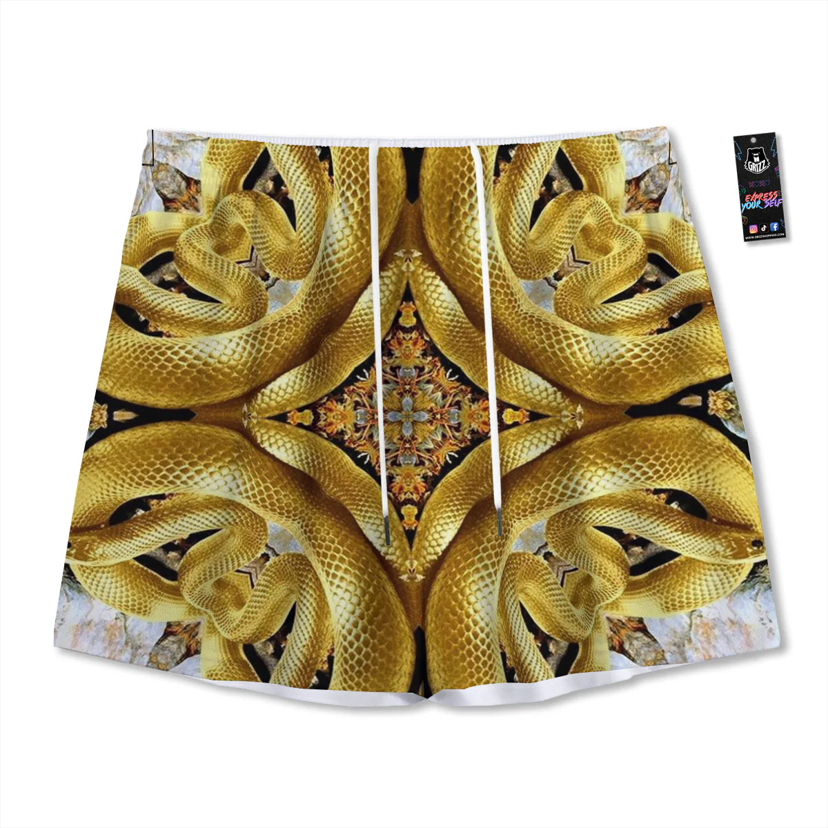 Golden Snake Kaleidoscope Print Mesh Shorts