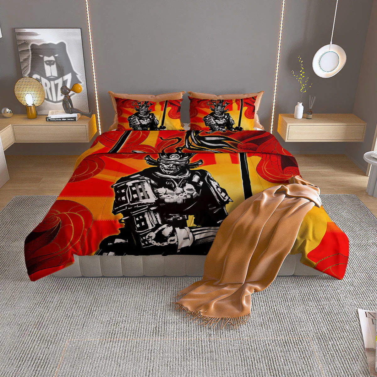 Golden Sun Samurai And Red Sky Print Duvet Cover Bedding Set