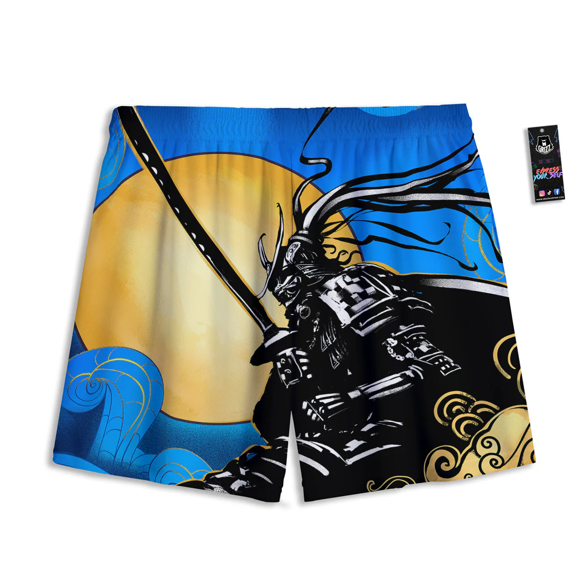 Golden Sun Samurai Blue Sky Print Mesh Shorts - Image 2