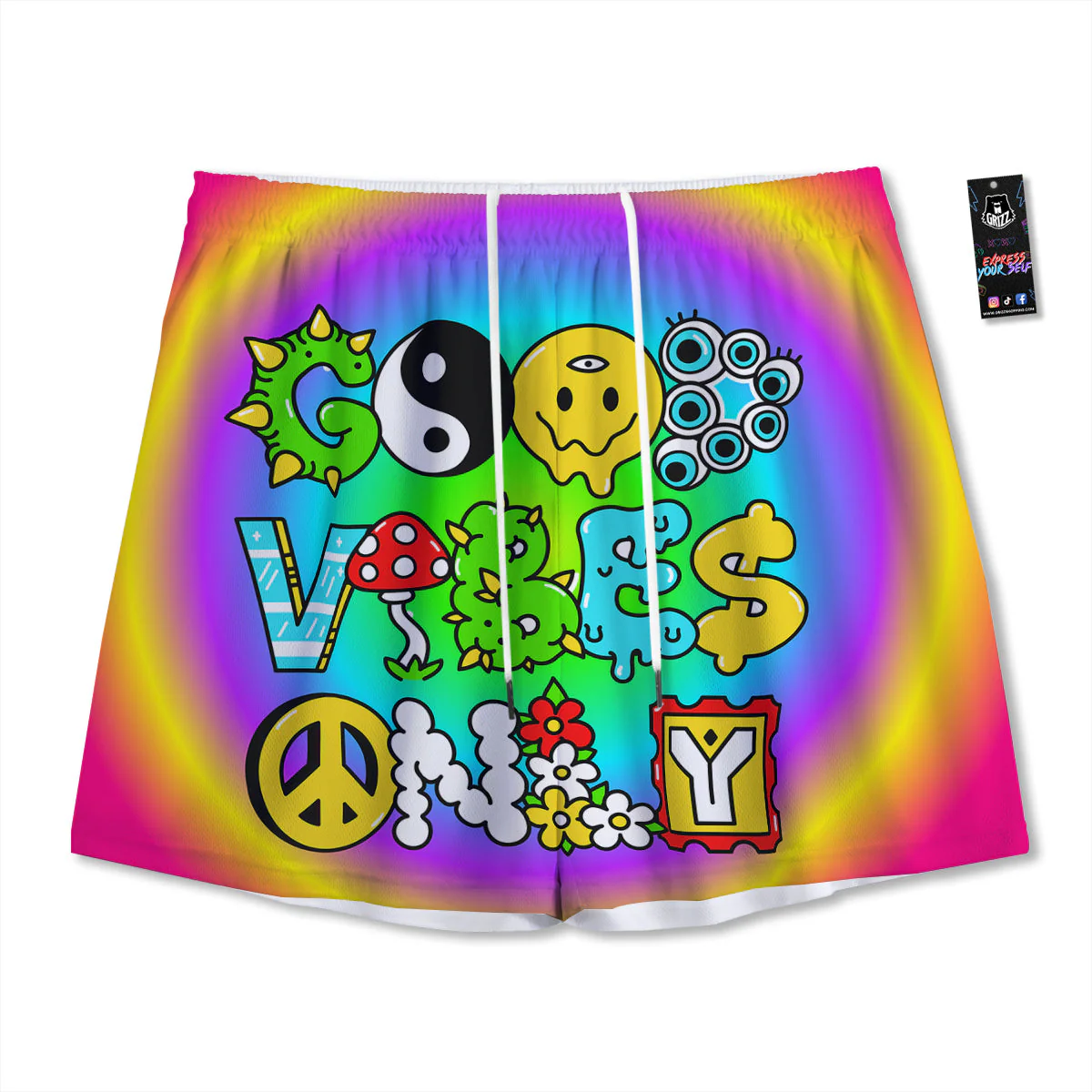 Good Vibes Only Quote Trippy Psychedelic Print Mesh Shorts