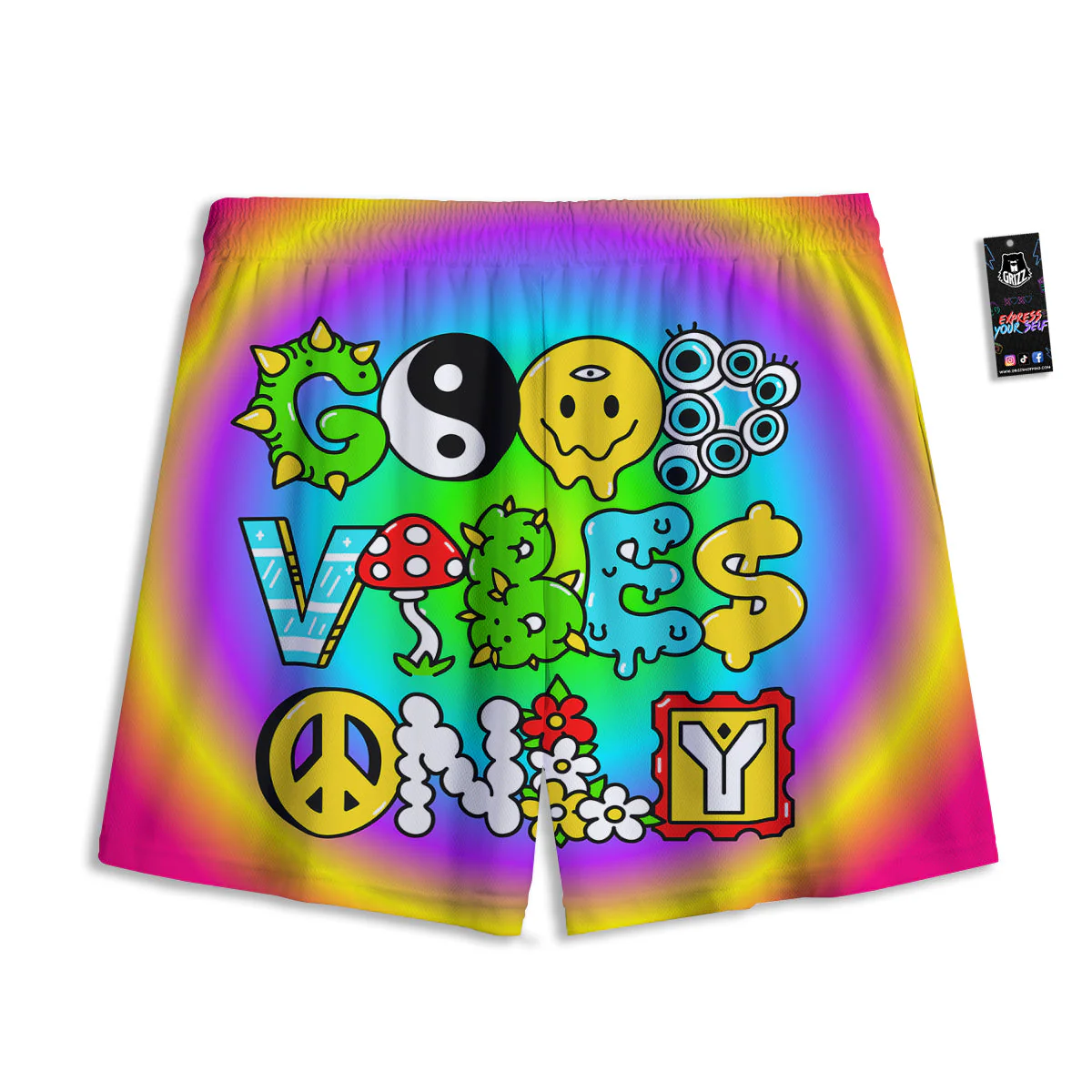 Good Vibes Only Quote Trippy Psychedelic Print Mesh Shorts - Image 2