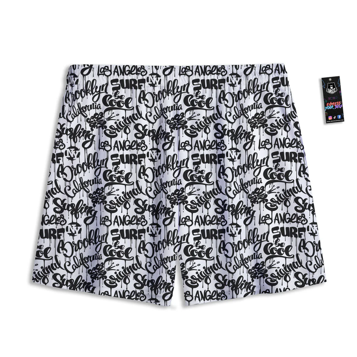 Graffiti White And Black Print Pattern Mesh Shorts - Image 2