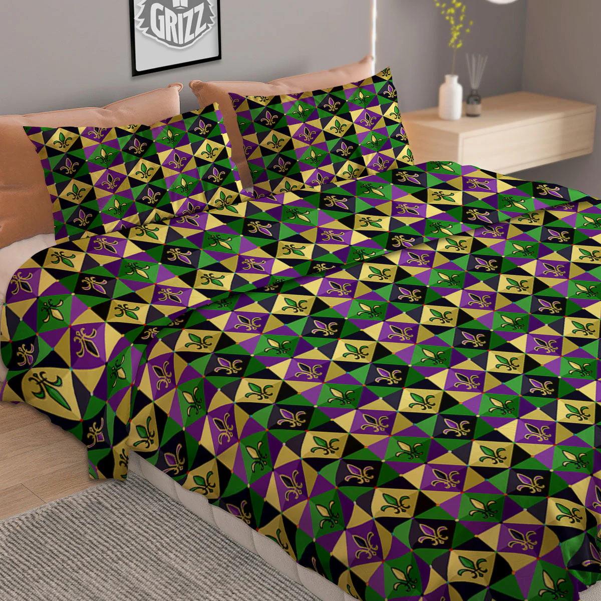 Gras Geometric Mardi Print Pattern Duvet Cover Bedding Set - Image 2