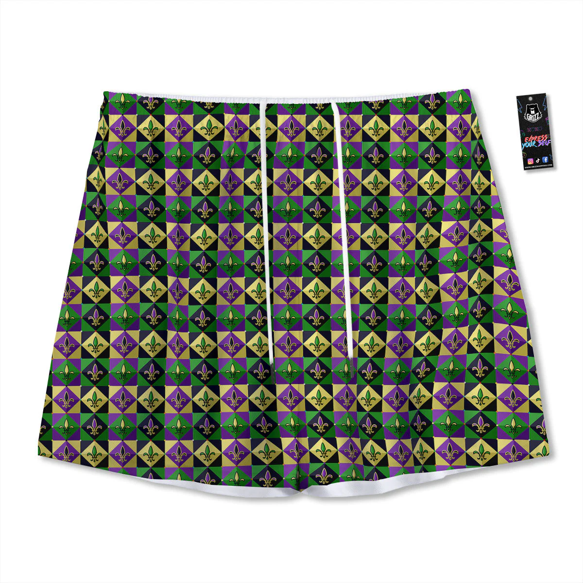 Gras Geometric Mardi Print Pattern Mesh Shorts