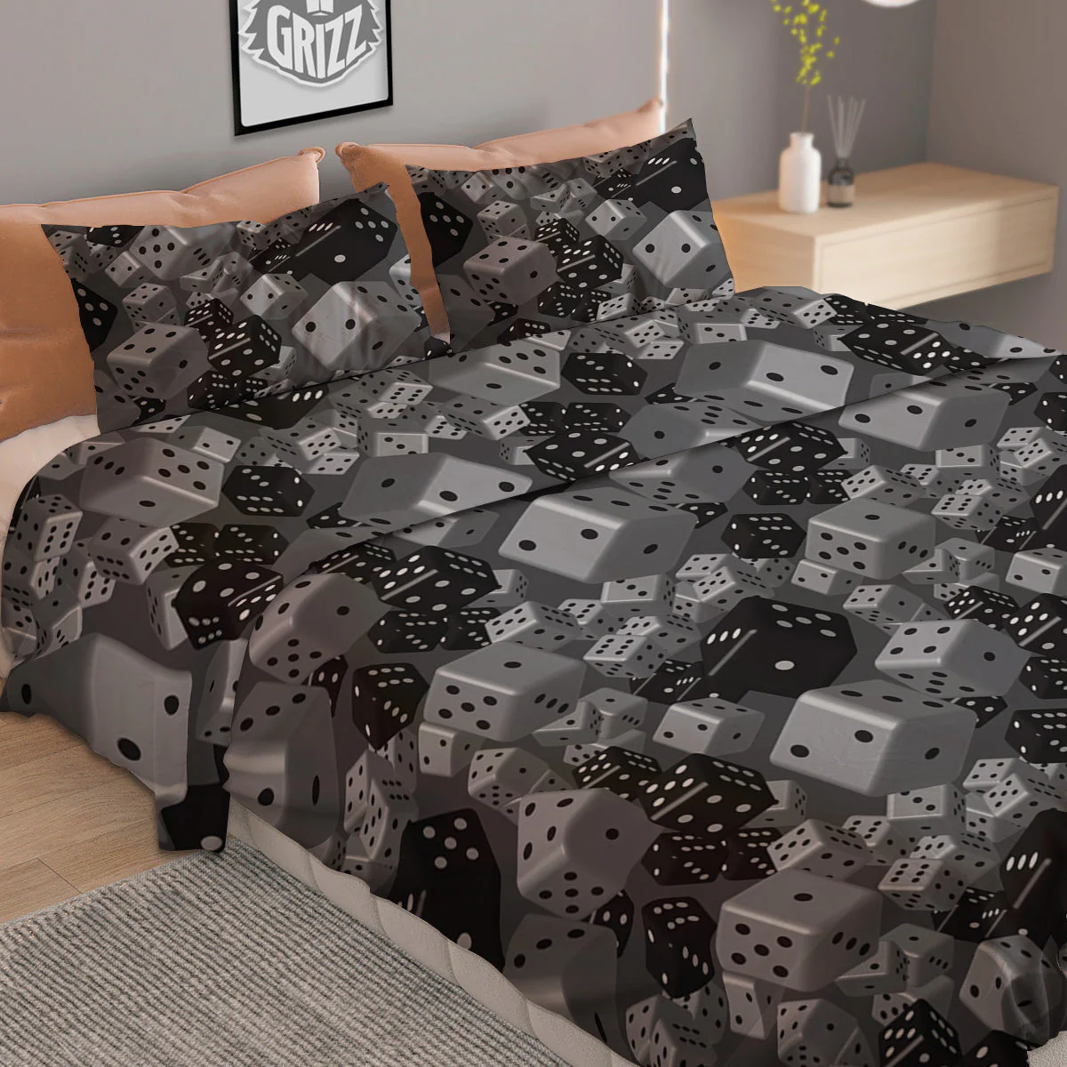 Gray Black 3D Dice Print Pattern Duvet Cover Bedding Set - Image 2