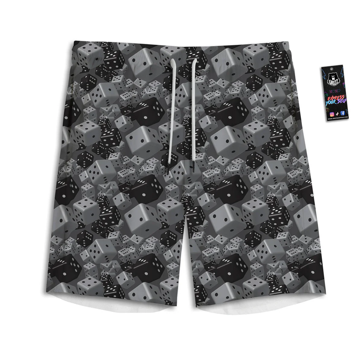 Gray Black 3D Dice Print Pattern Men's Athletic Shorts